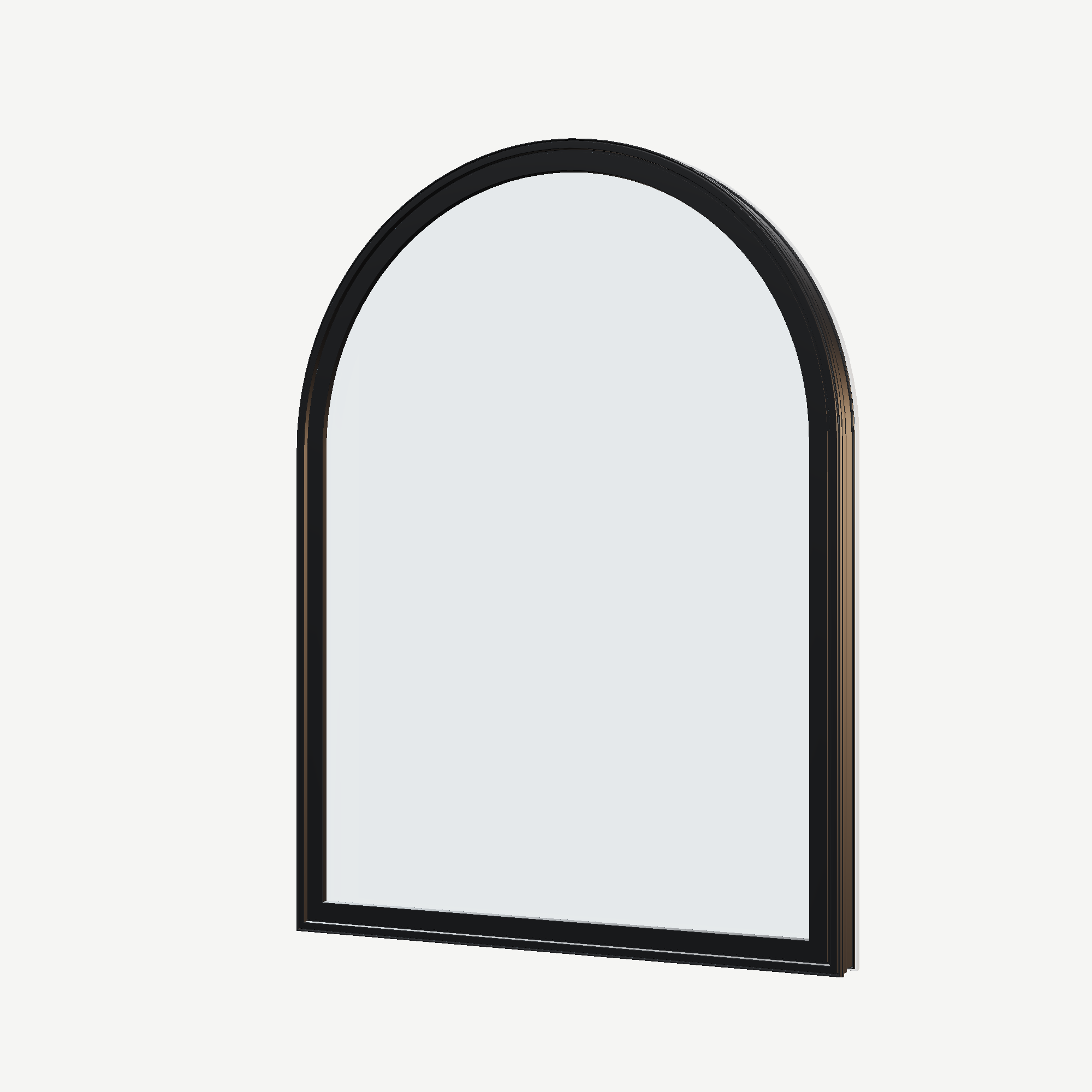 Angled exterior view of the 36 × 48 inch raised half round, black exterior / white interior, without nailing flange