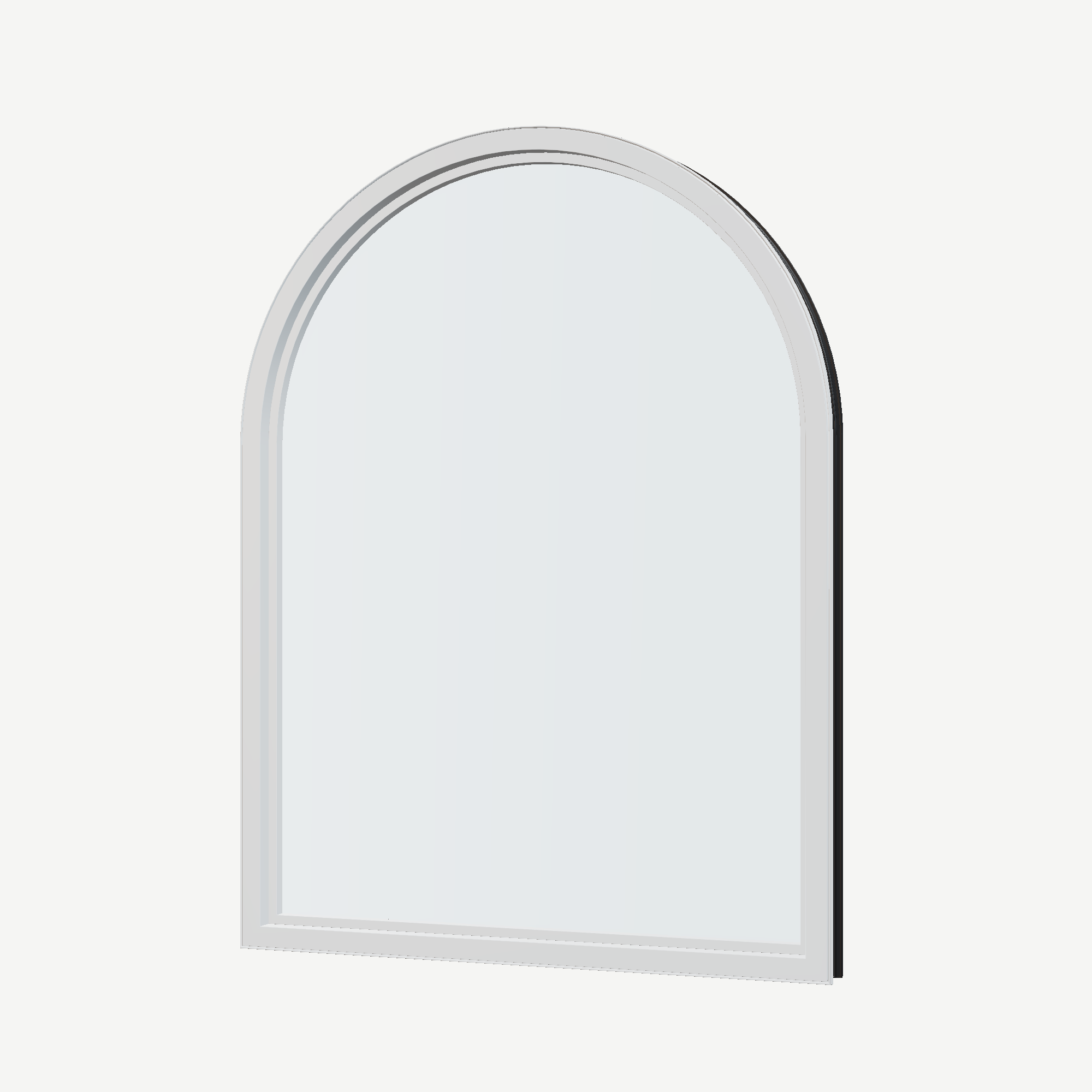 Angled interior view of the 36 × 48 inch raised half round, black exterior / white interior, without nailing flange