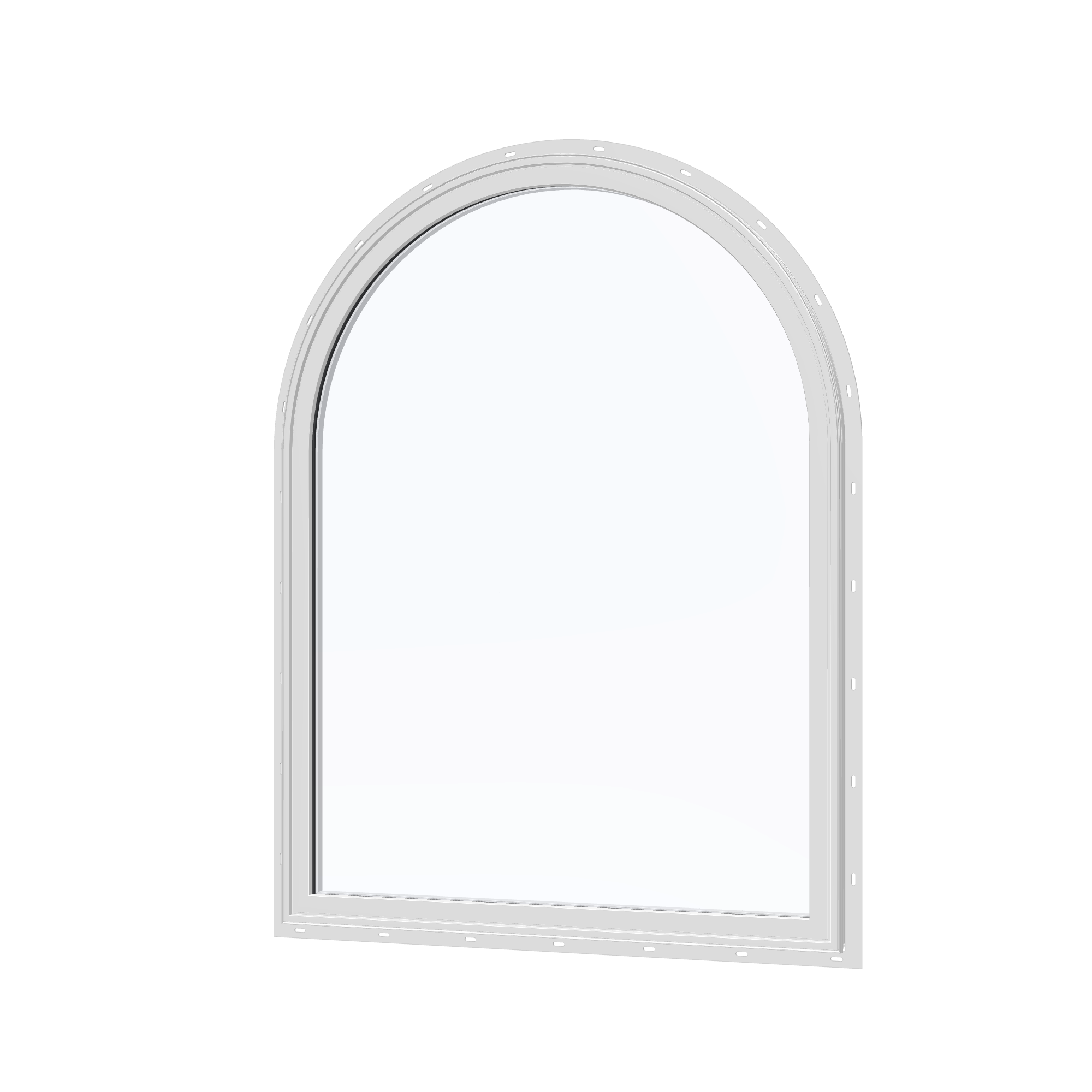 Angled exterior view of the 36 × 48 inch raised half round, white exterior / white interior, with nailing flange