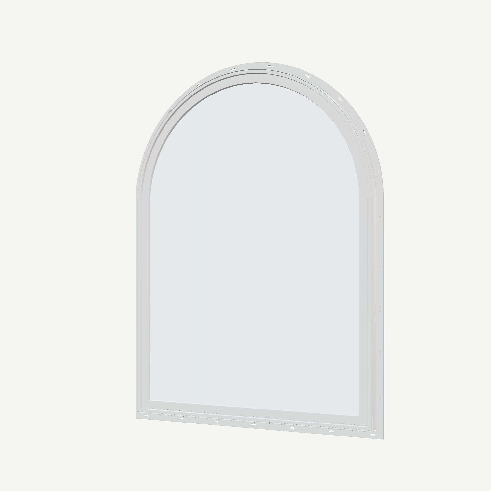 Angled exterior view of the 36 × 48 inch raised half round, white exterior / white interior, with nailing flange