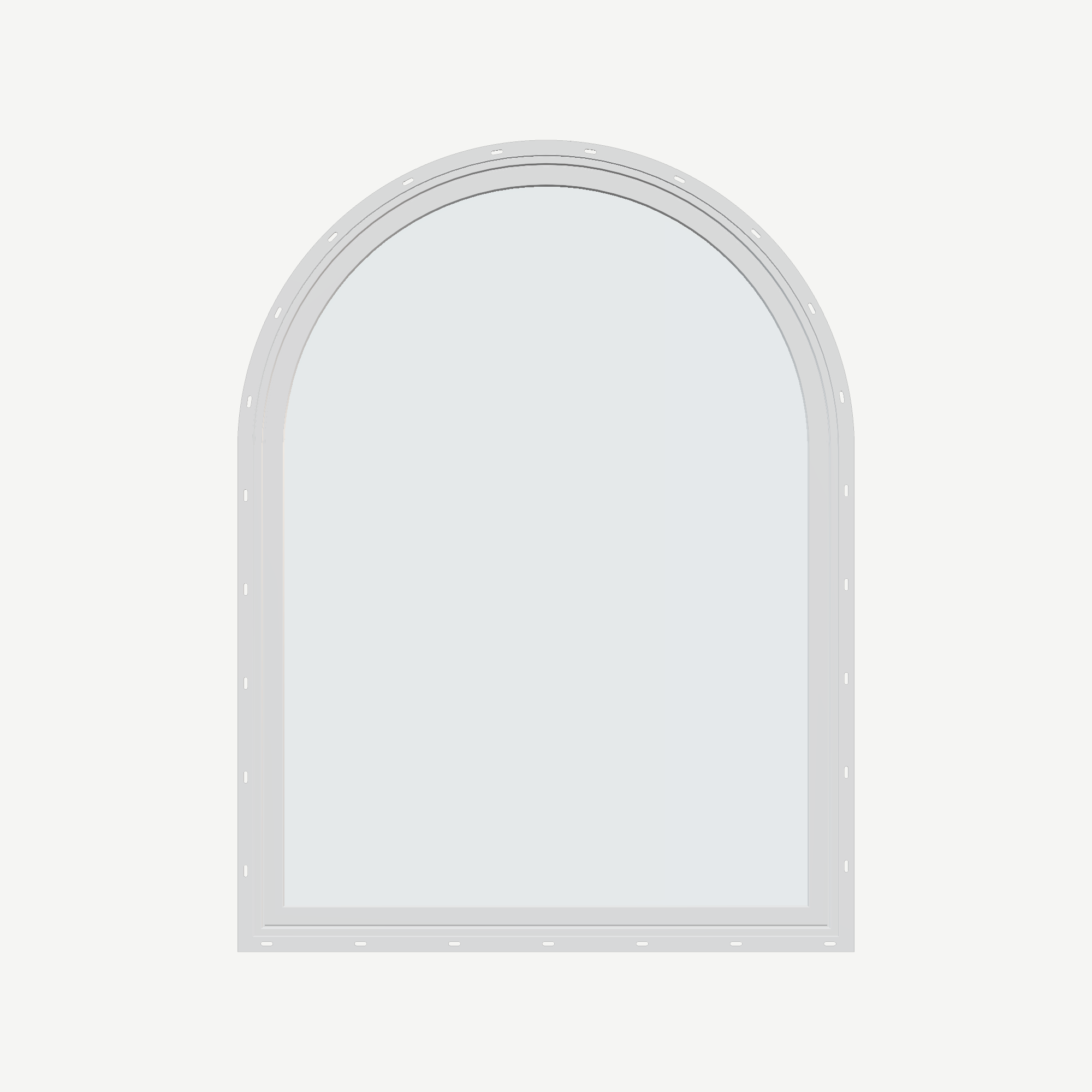 Straight exterior view of the 36 × 48 inch raised half round, white exterior / white interior, with nailing flange