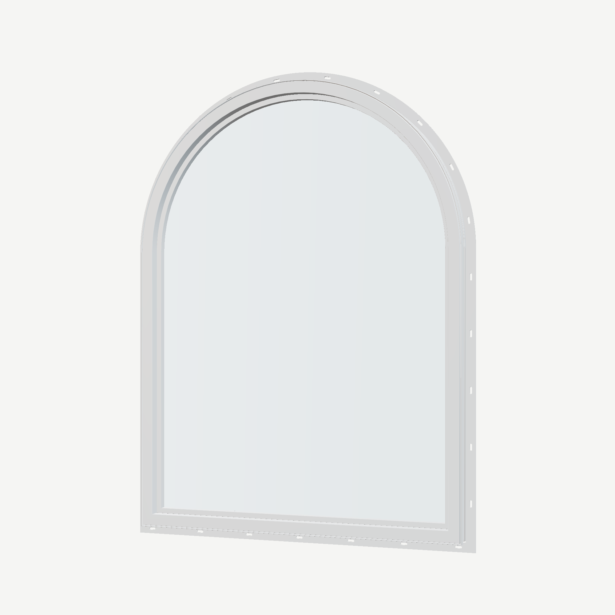 Angled interior view of the 36 × 48 inch raised half round, white exterior / white interior, with nailing flange