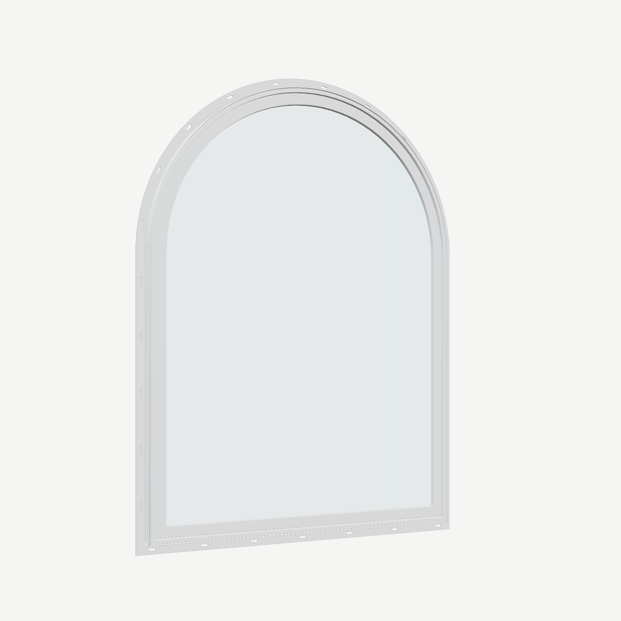 Opposite exterior angle of the 36 × 48 inch raised half round, white exterior / white interior, with nailing flange