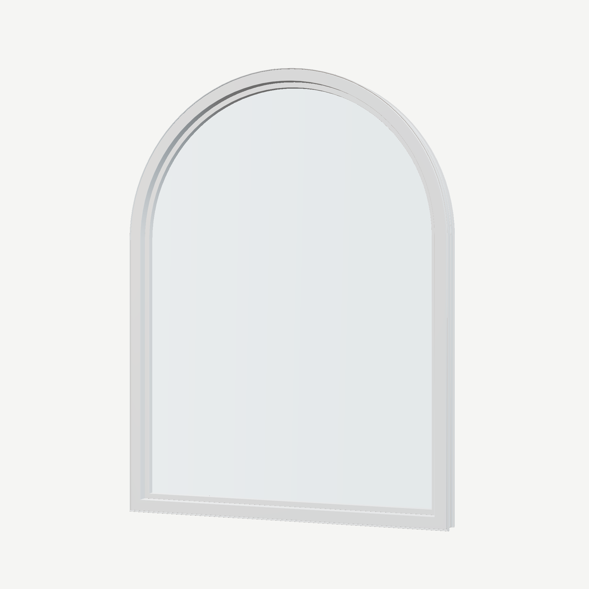 Angled interior view of the 36 × 48 inch raised half round, white exterior / white interior, without nailing flange