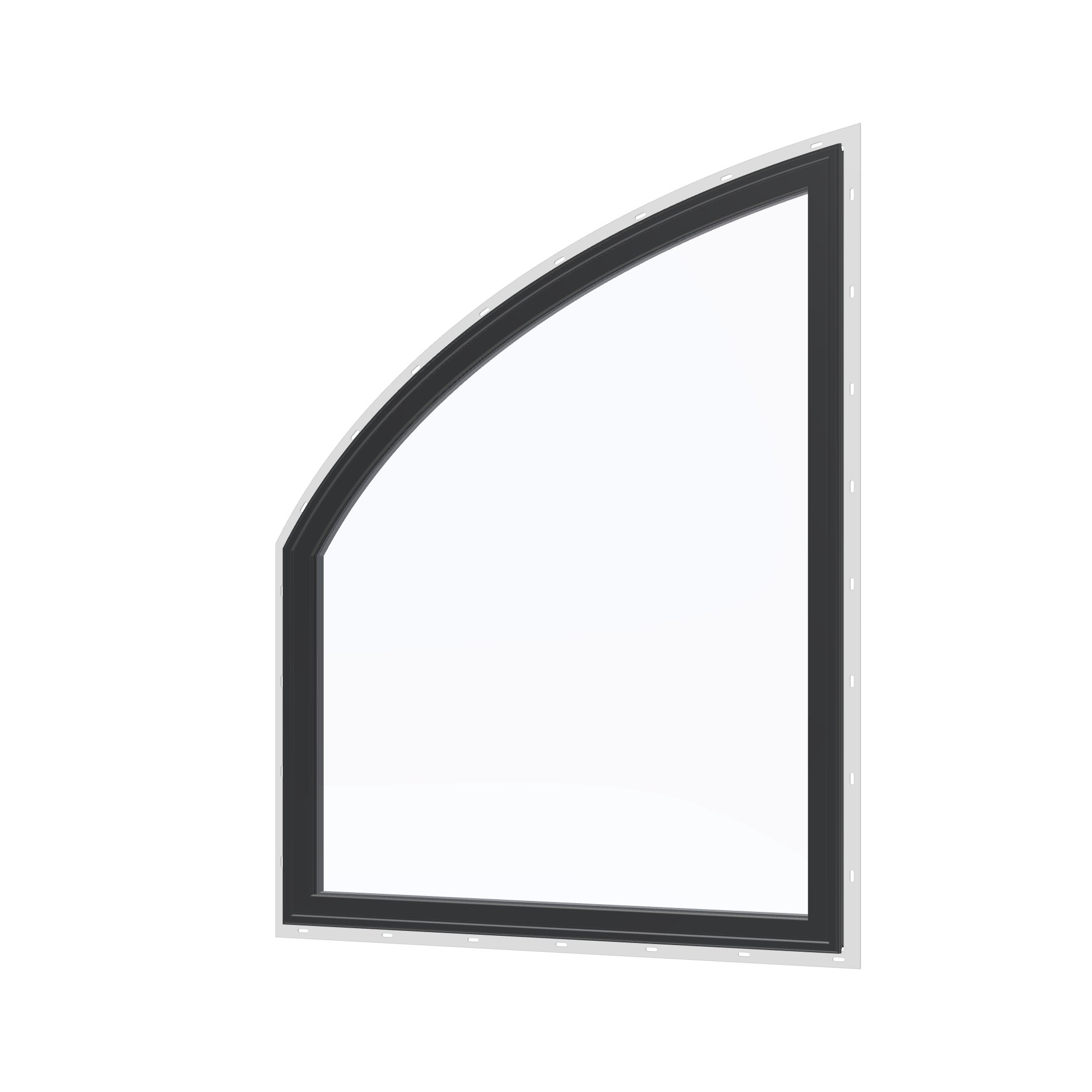Angled exterior view of the 36 × 48 inch raised partial chord (left), black exterior / black interior, with nailing flange