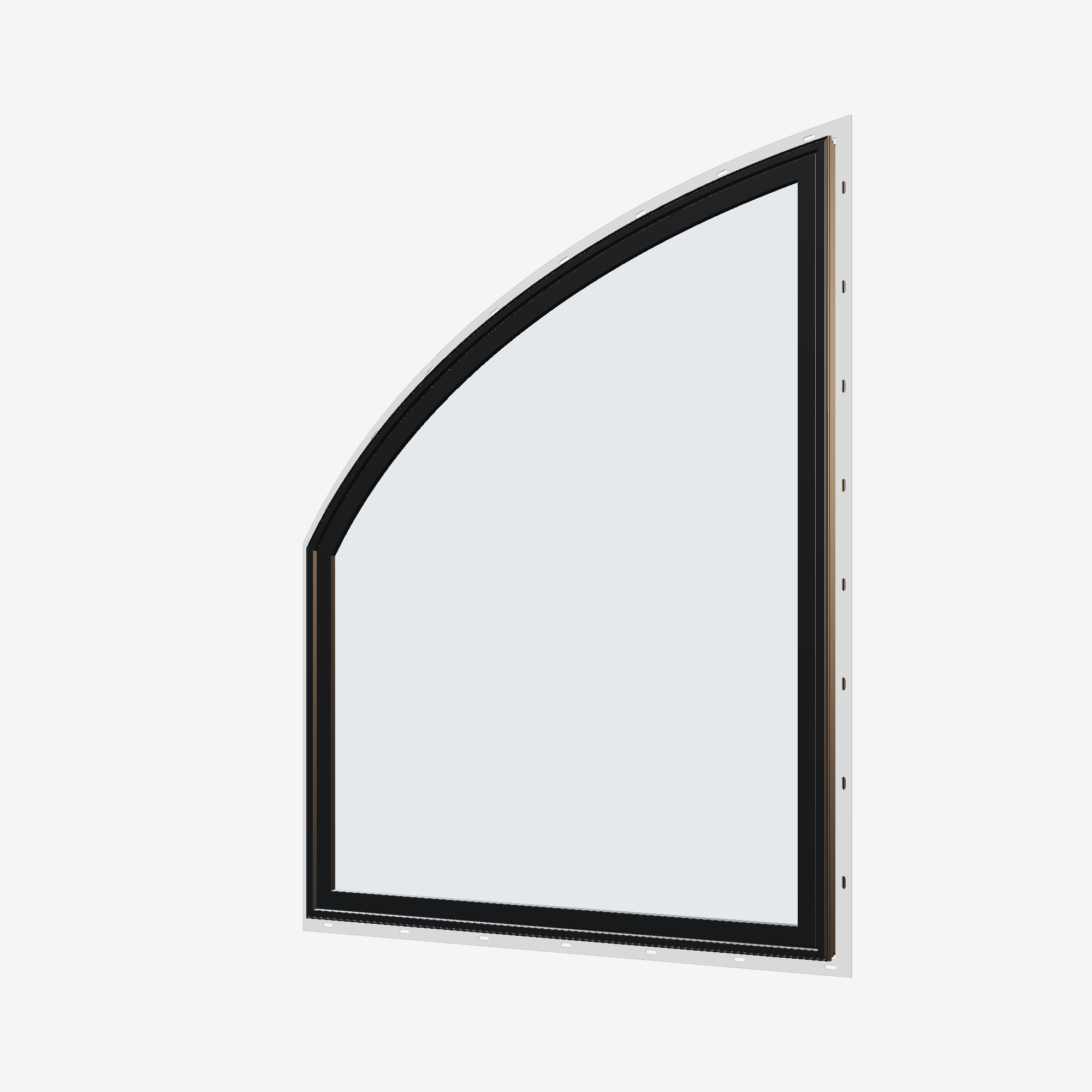 Angled exterior view of the 36 × 48 inch raised partial chord (left), black exterior / black interior, with nailing flange
