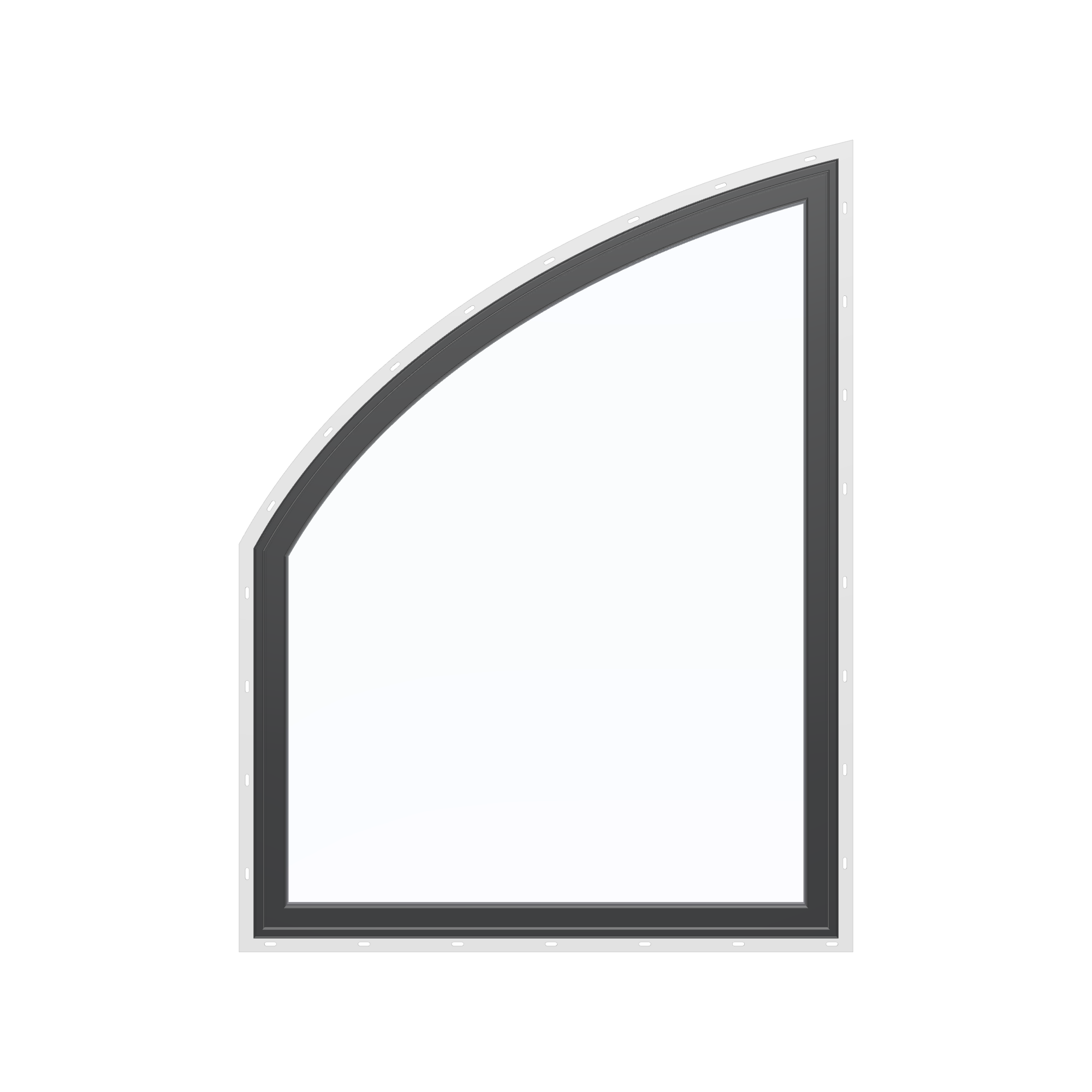 Straight exterior view of the 36 × 48 inch raised partial chord (left), black exterior / black interior, with nailing flange