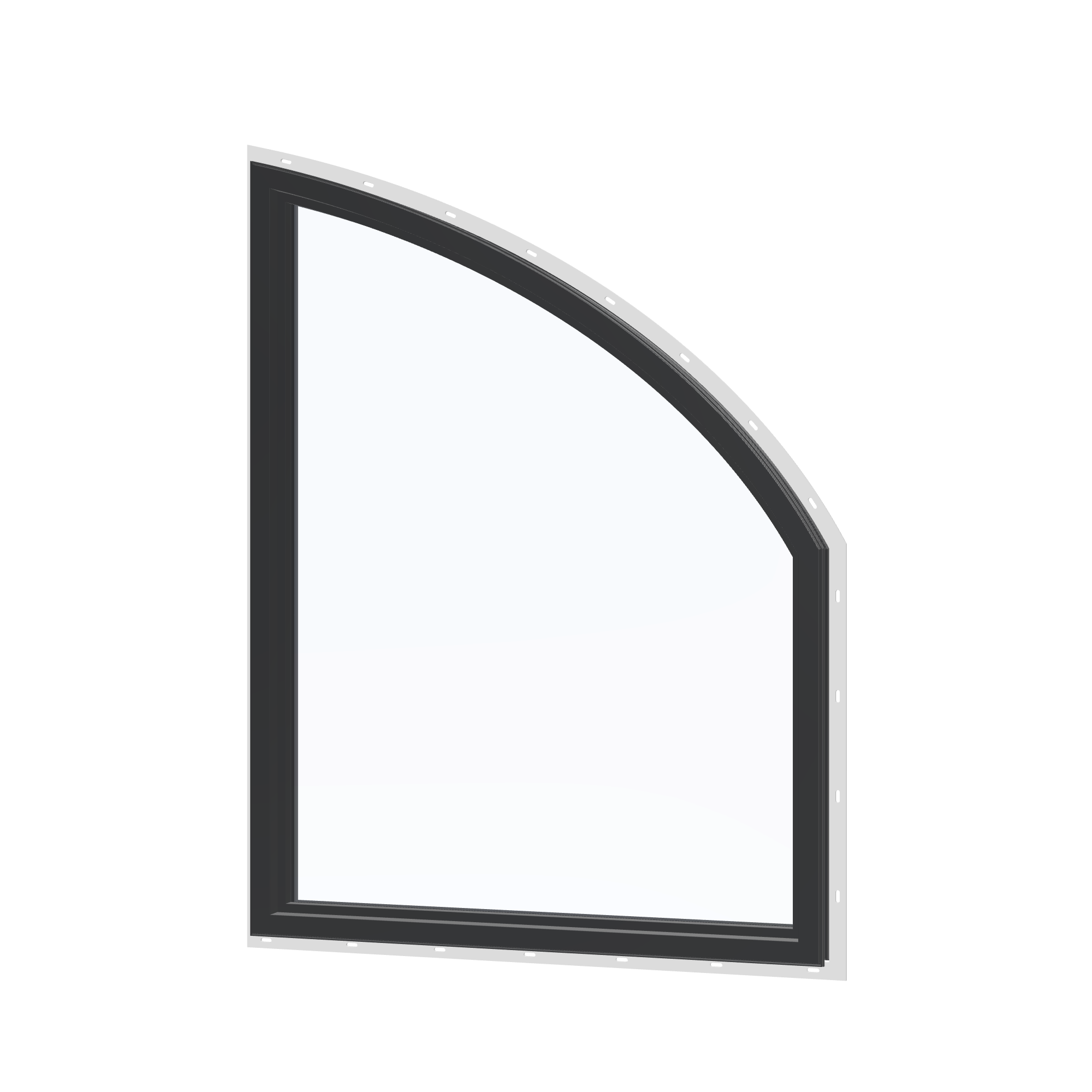 Angled interior view of the 36 × 48 inch raised partial chord (left), black exterior / black interior, with nailing flange