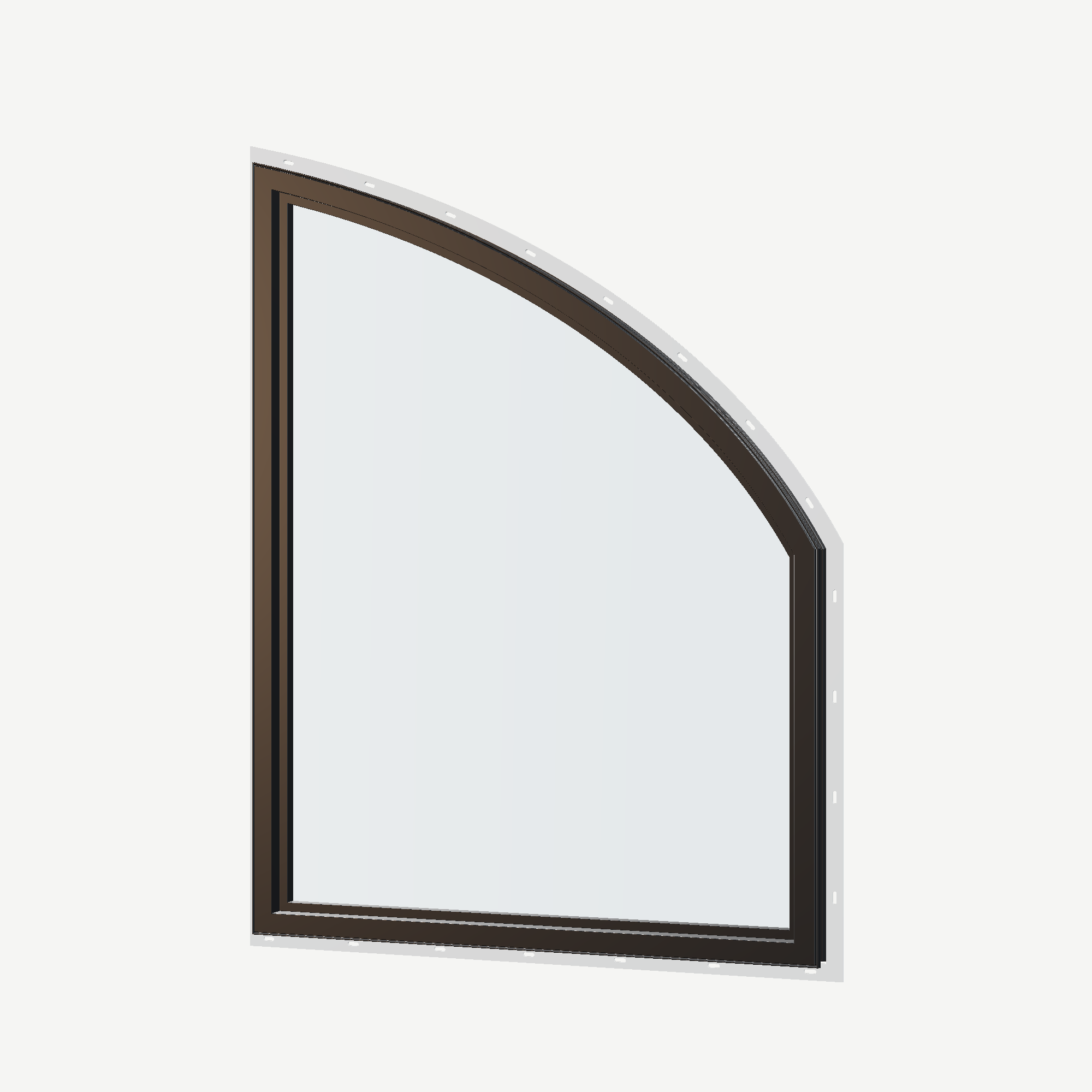 Angled interior view of the 36 × 48 inch raised partial chord (left), black exterior / black interior, with nailing flange
