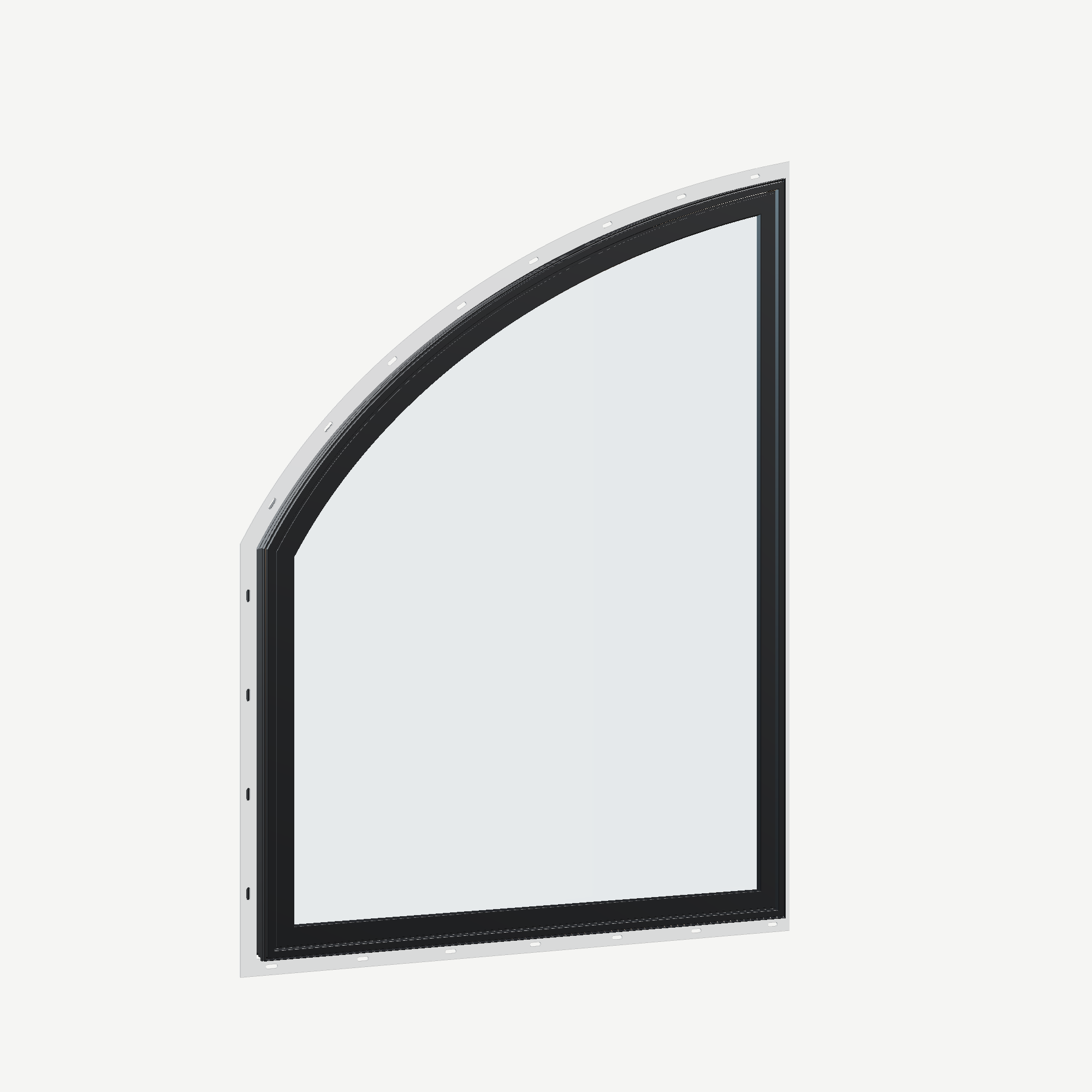 Opposite exterior angle of the 36 × 48 inch raised partial chord (left), black exterior / black interior, with nailing flange