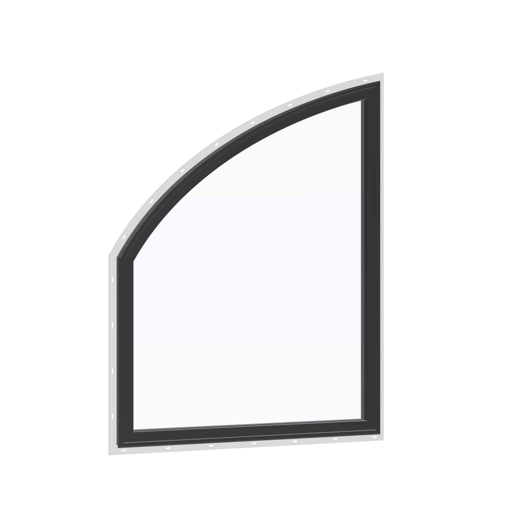 Opposite exterior angle of the 36 × 48 inch raised partial chord (left), black exterior / black interior, with nailing flange