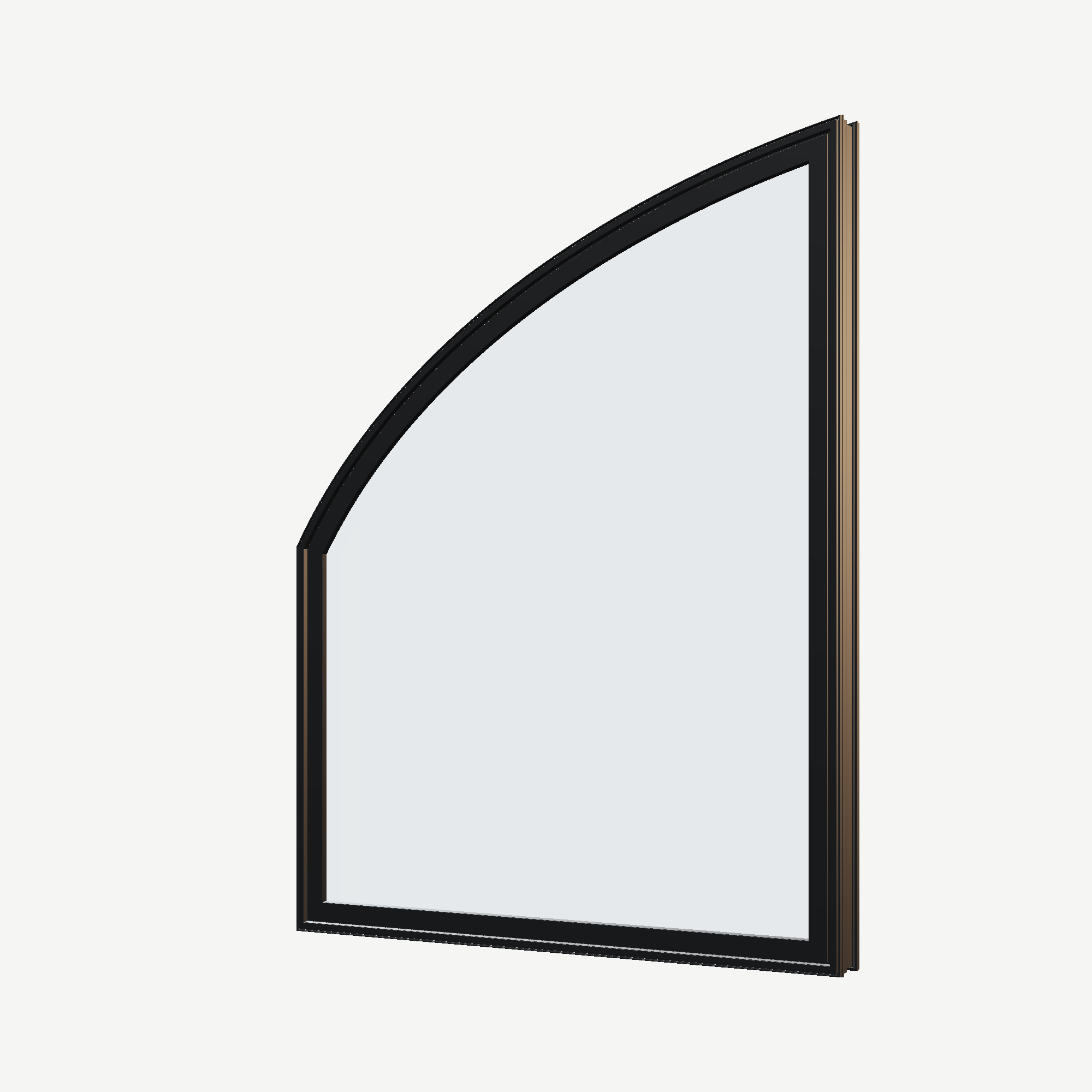 Angled exterior view of the 36 × 48 inch raised partial chord (left), black exterior / black interior, without nailing flange