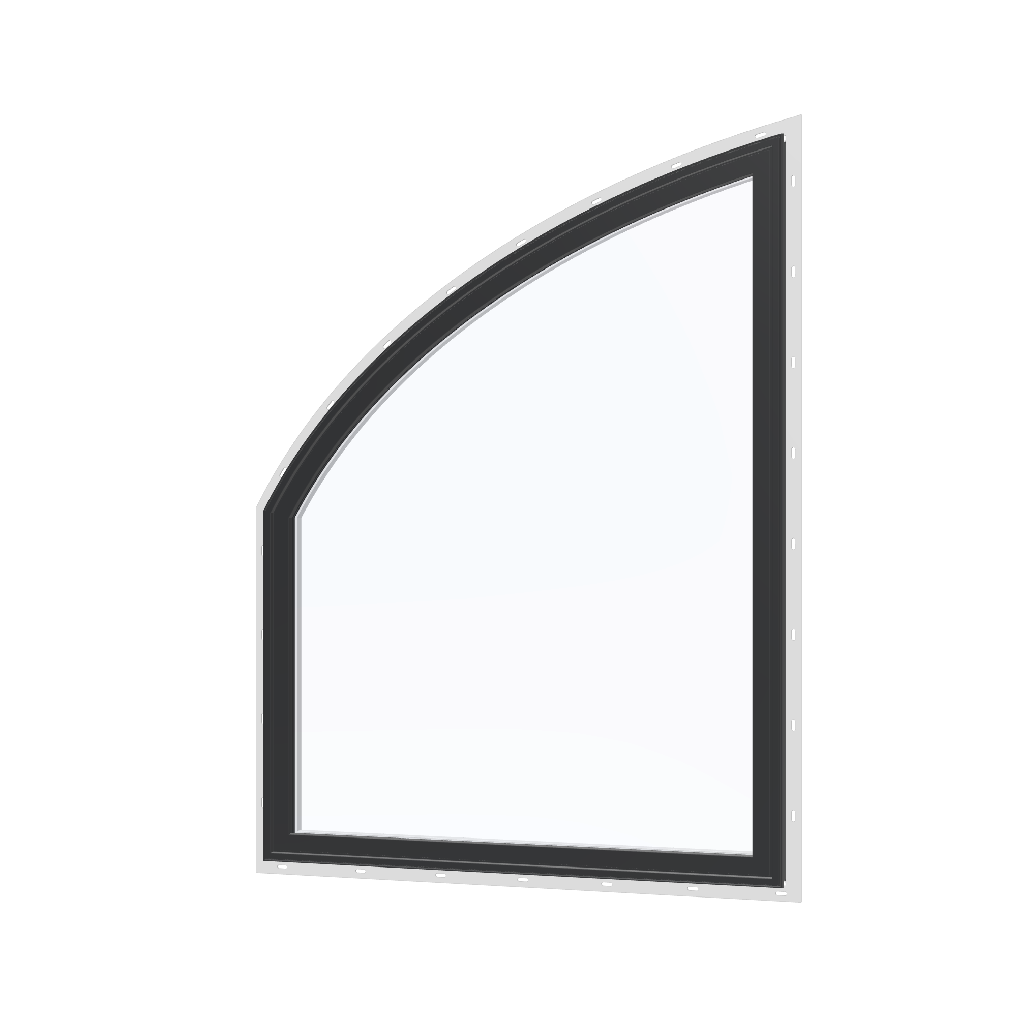 Angled exterior view of the 36 × 48 inch raised partial chord (left), black exterior / white interior, with nailing flange