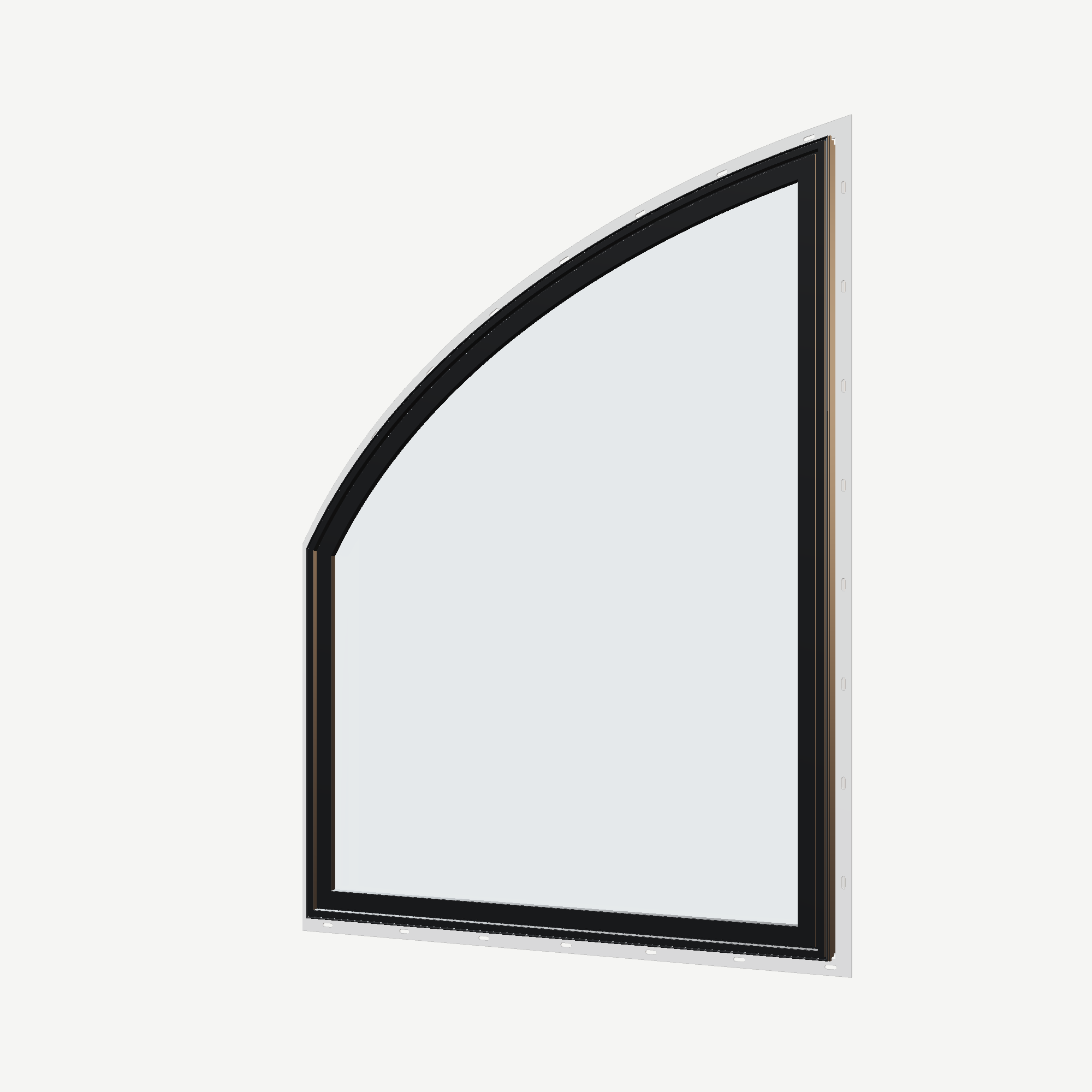 Angled exterior view of the 36 × 48 inch raised partial chord (left), black exterior / white interior, with nailing flange