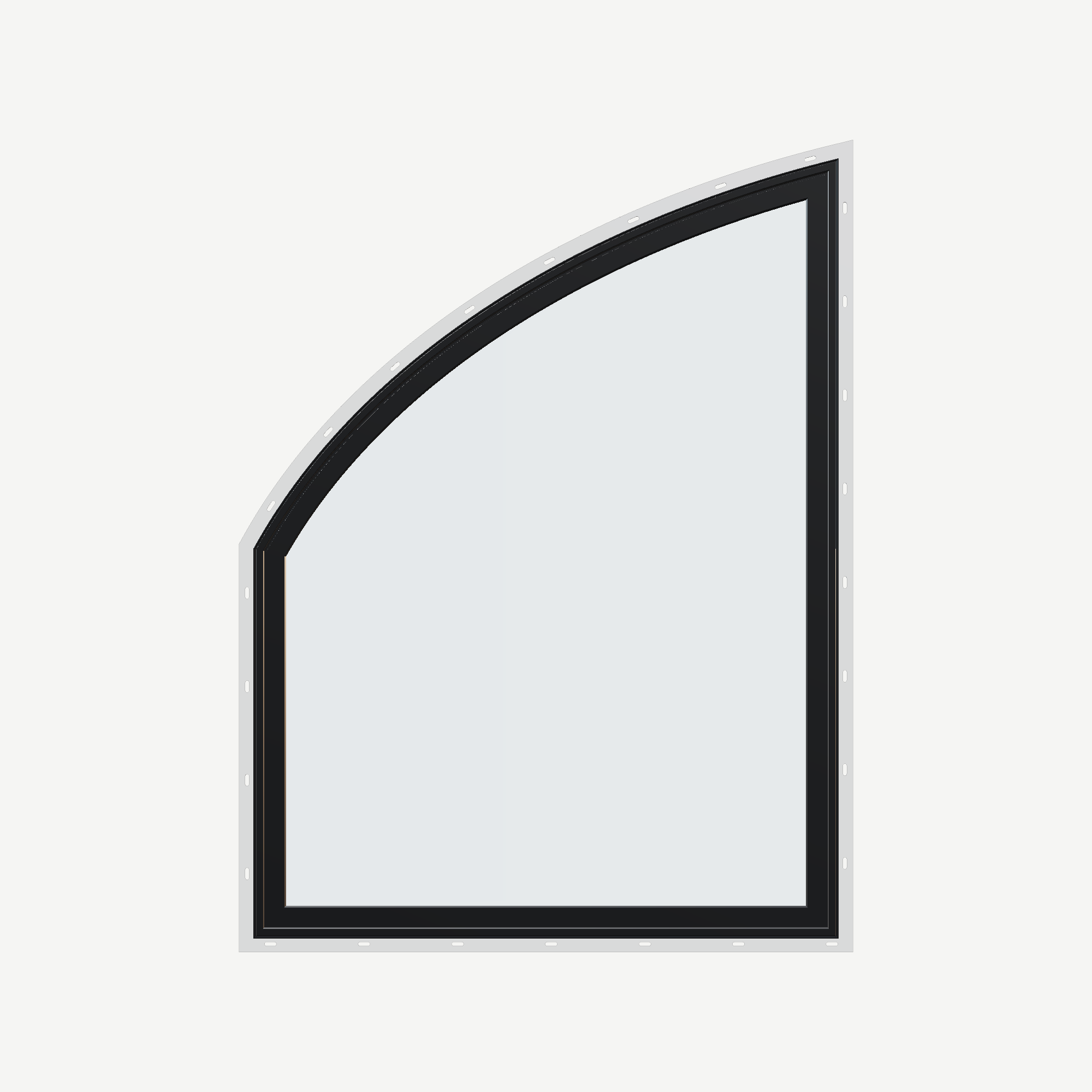 Straight exterior view of the 36 × 48 inch raised partial chord (left), black exterior / white interior, with nailing flange