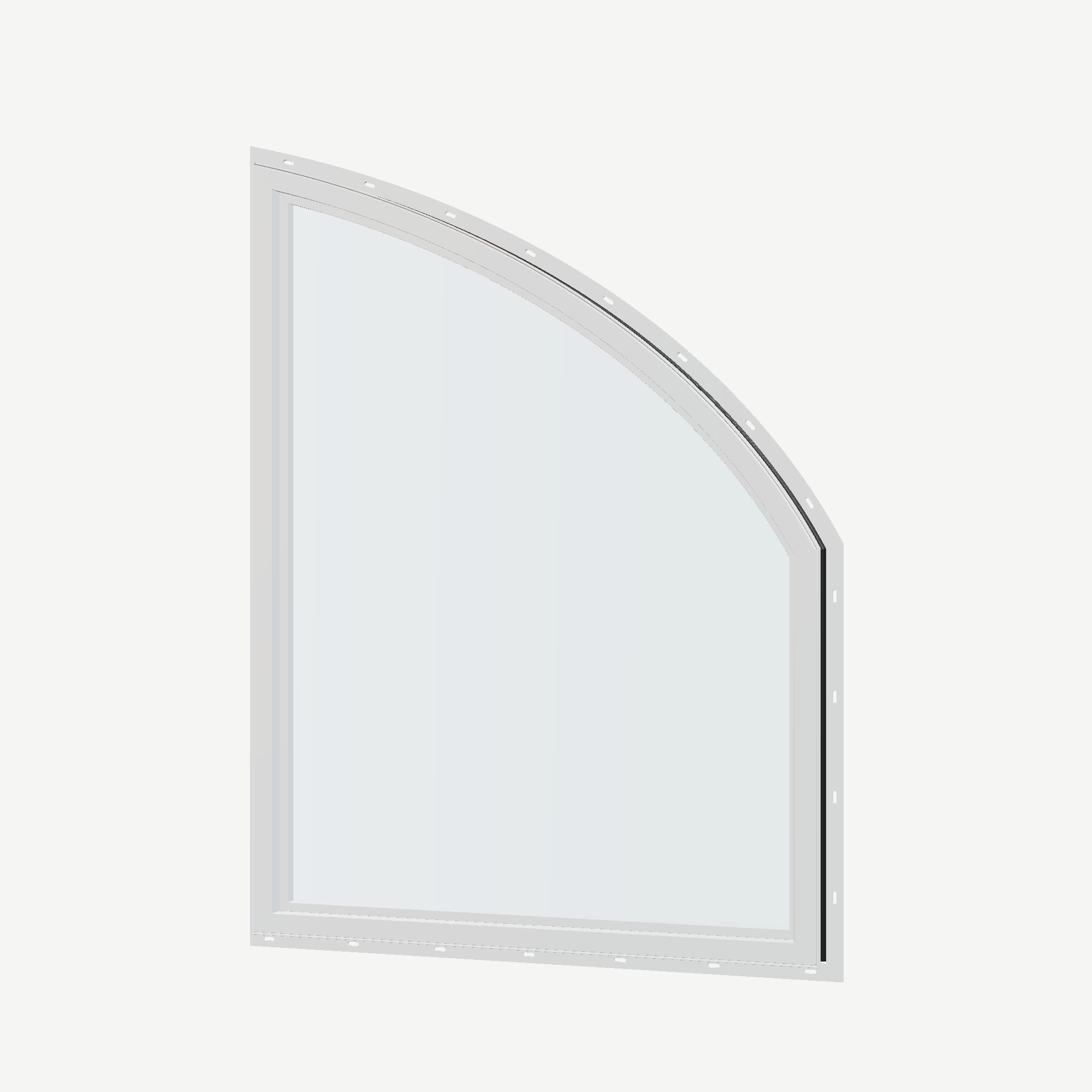 Angled interior view of the 36 × 48 inch raised partial chord (left), black exterior / white interior, with nailing flange