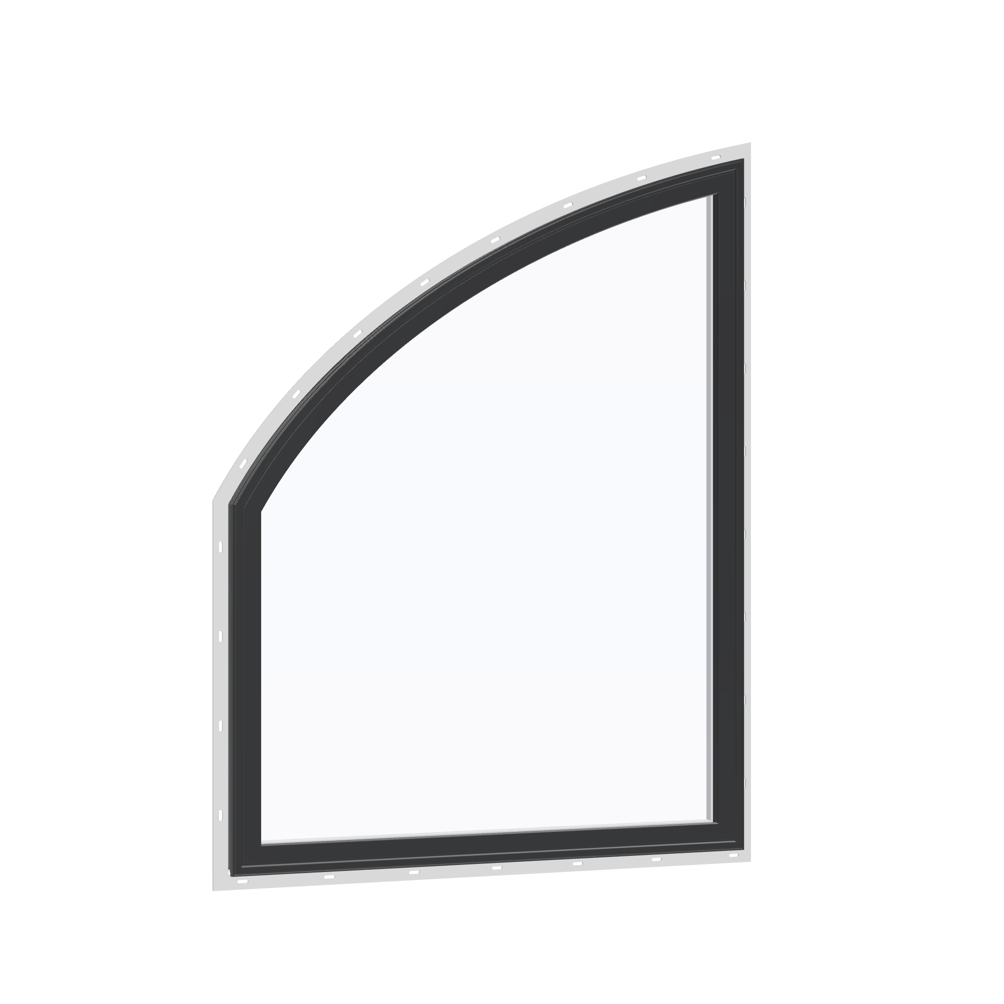 Opposite exterior angle of the 36 × 48 inch raised partial chord (left), black exterior / white interior, with nailing flange