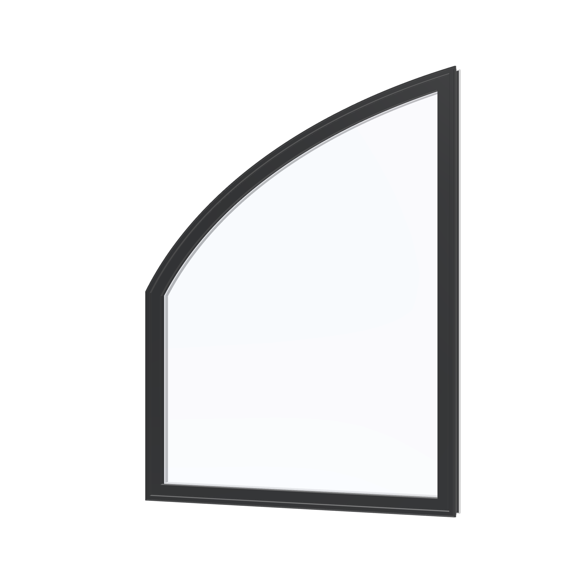 Angled exterior view of the 36 × 48 inch raised partial chord (left), black exterior / white interior, without nailing flange