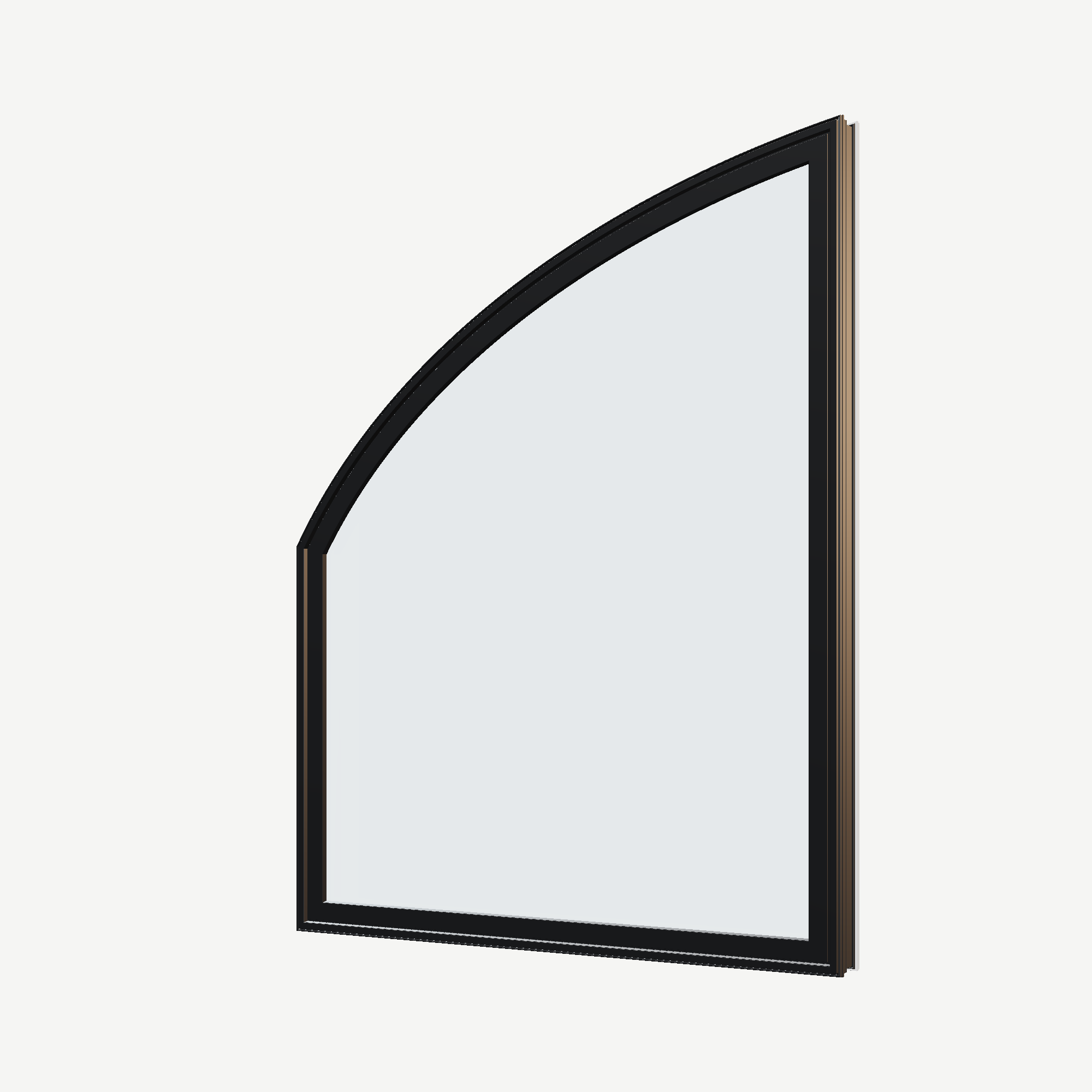 Angled exterior view of the 36 × 48 inch raised partial chord (left), black exterior / white interior, without nailing flange