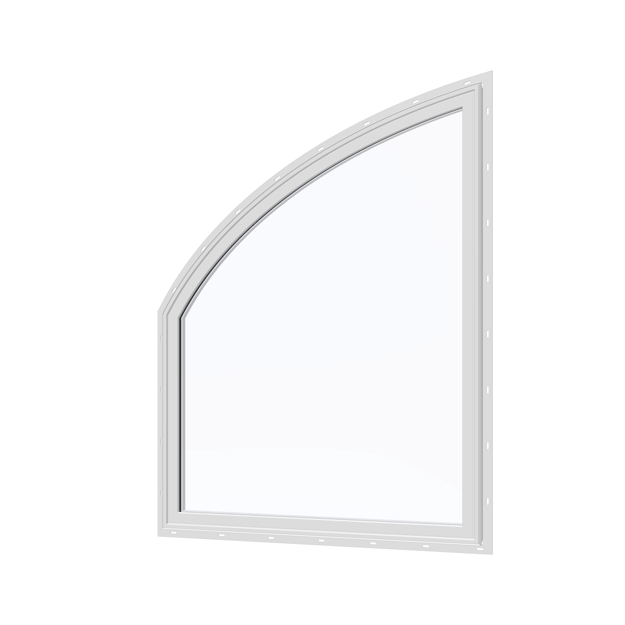Angled exterior view of the 36 × 48 inch raised partial chord (left), white exterior / white interior, with nailing flange