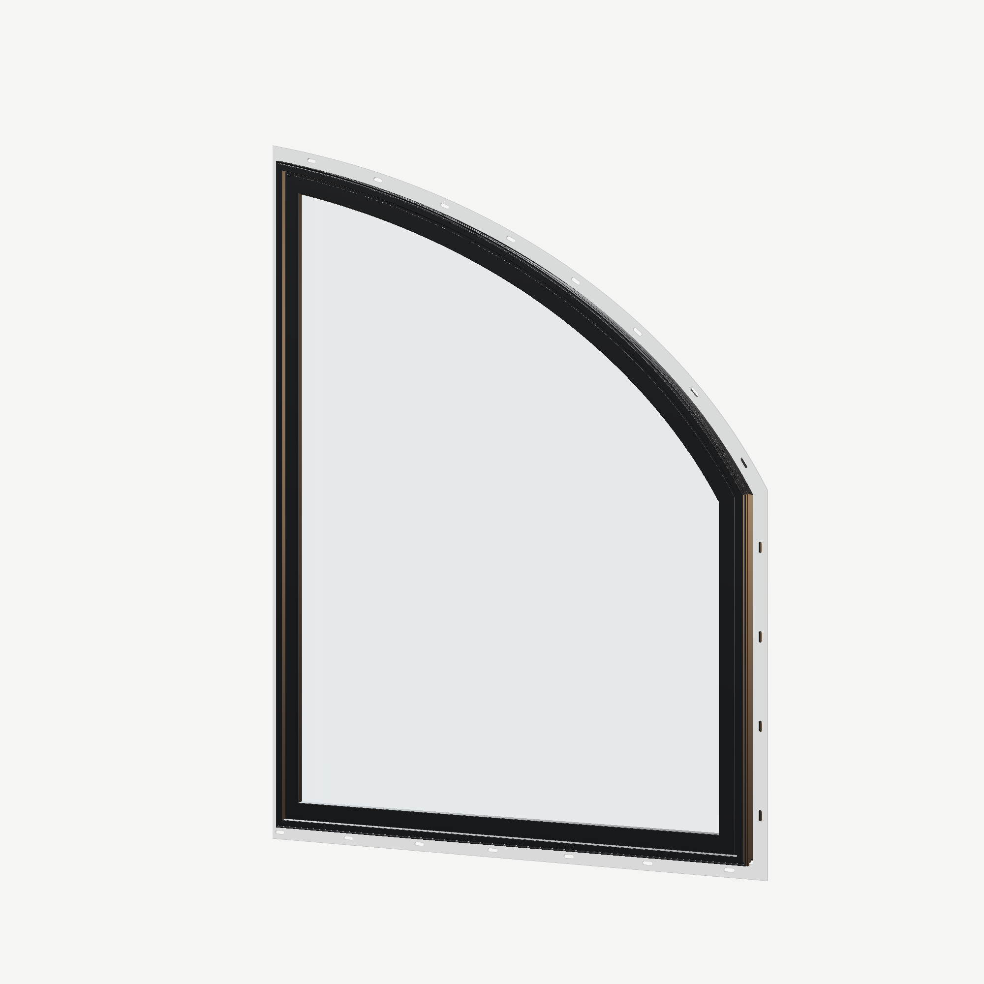 Angled exterior view of the 36 × 48 inch raised partial chord (right), black exterior / black interior, with nailing flange