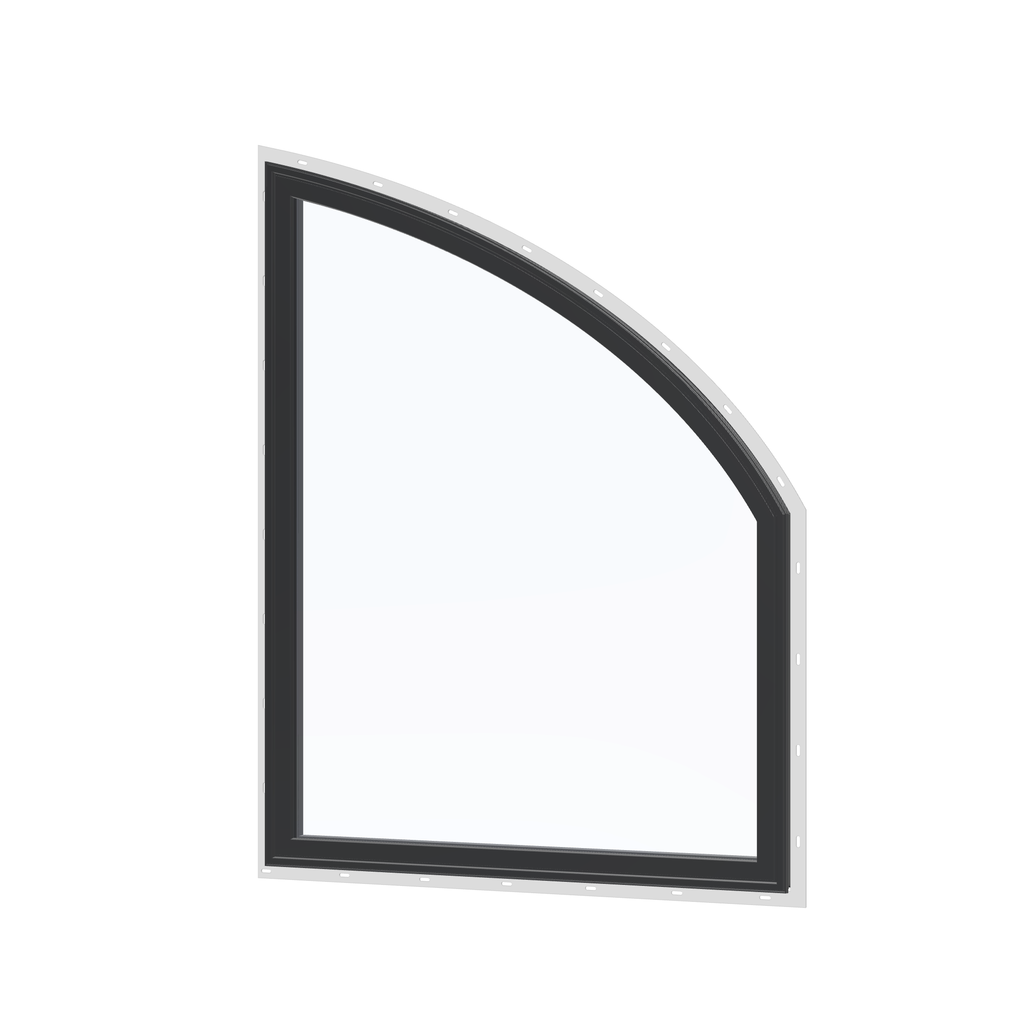 Angled exterior view of the 36 × 48 inch raised partial chord (right), black exterior / black interior, with nailing flange