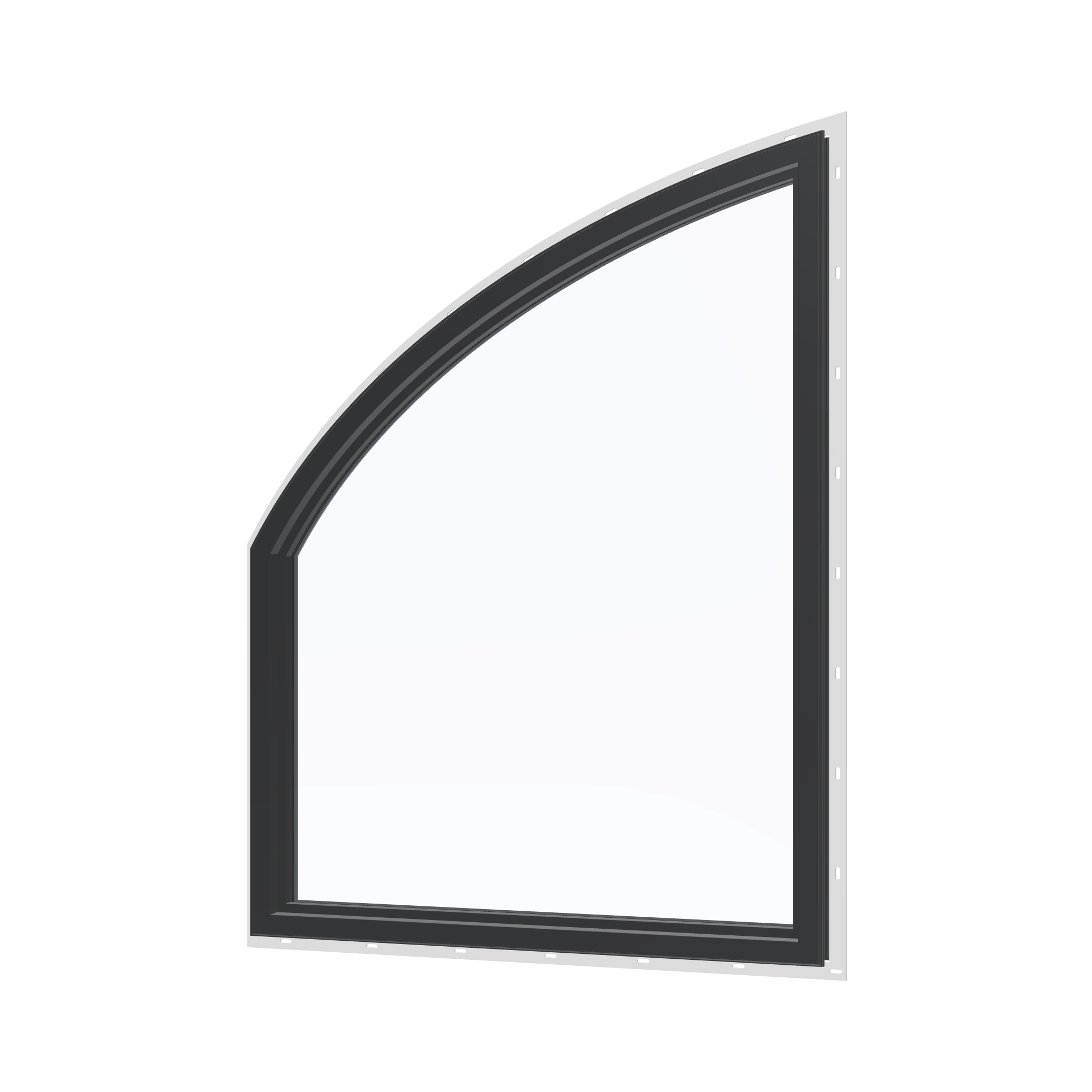Angled interior view of the 36 × 48 inch raised partial chord (right), black exterior / black interior, with nailing flange
