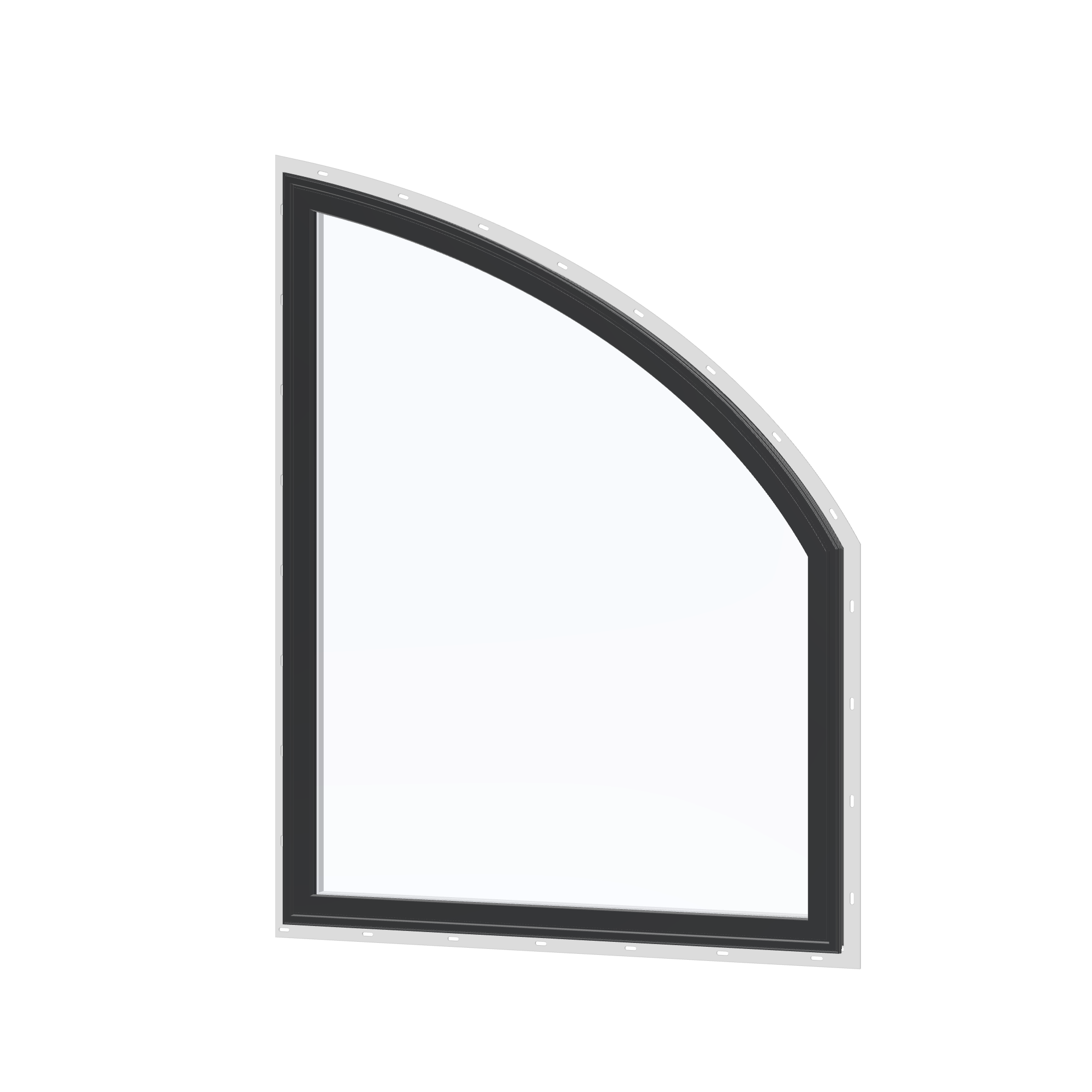 Angled exterior view of the 36 × 48 inch raised partial chord (right), black exterior / white interior, with nailing flange
