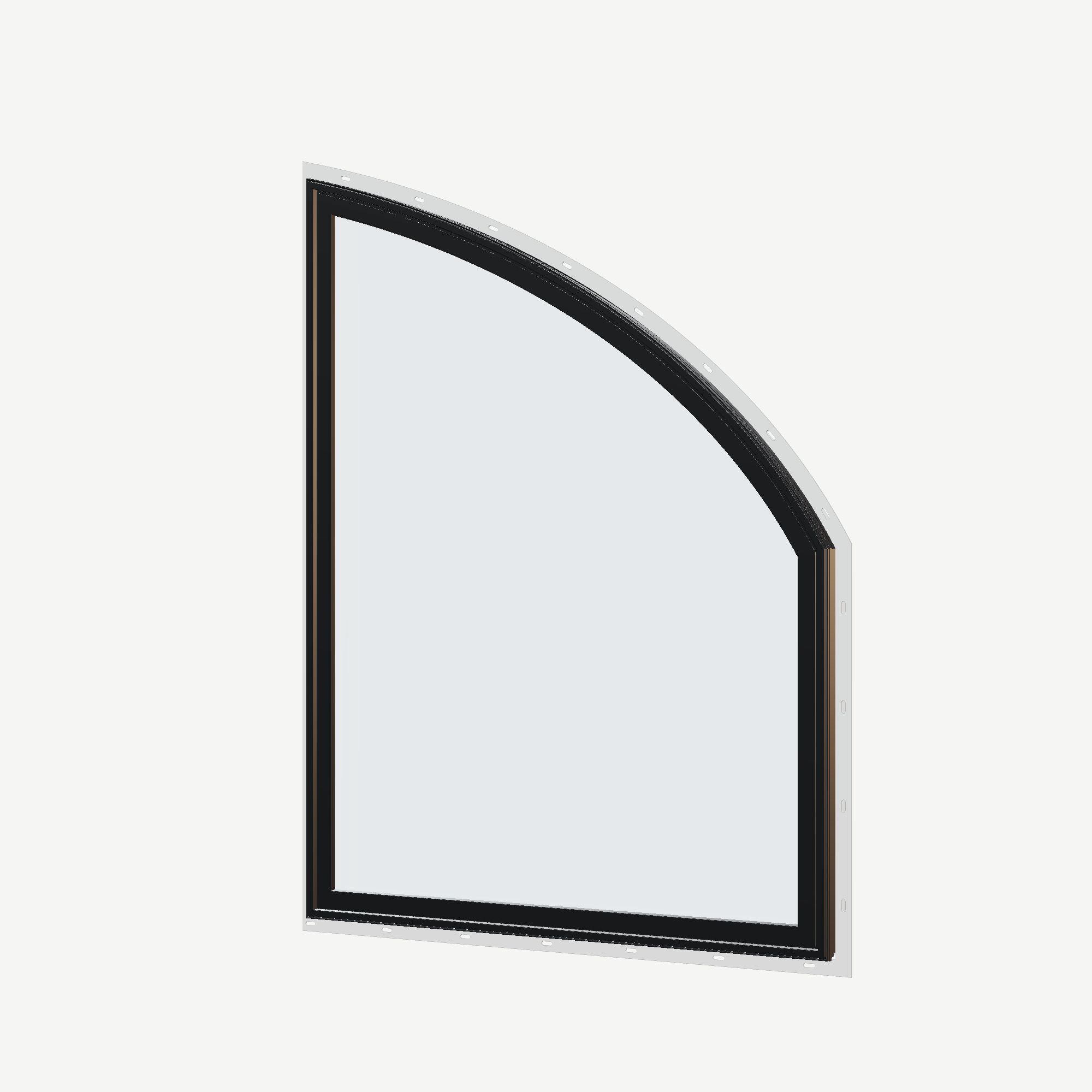 Angled exterior view of the 36 × 48 inch raised partial chord (right), black exterior / white interior, with nailing flange