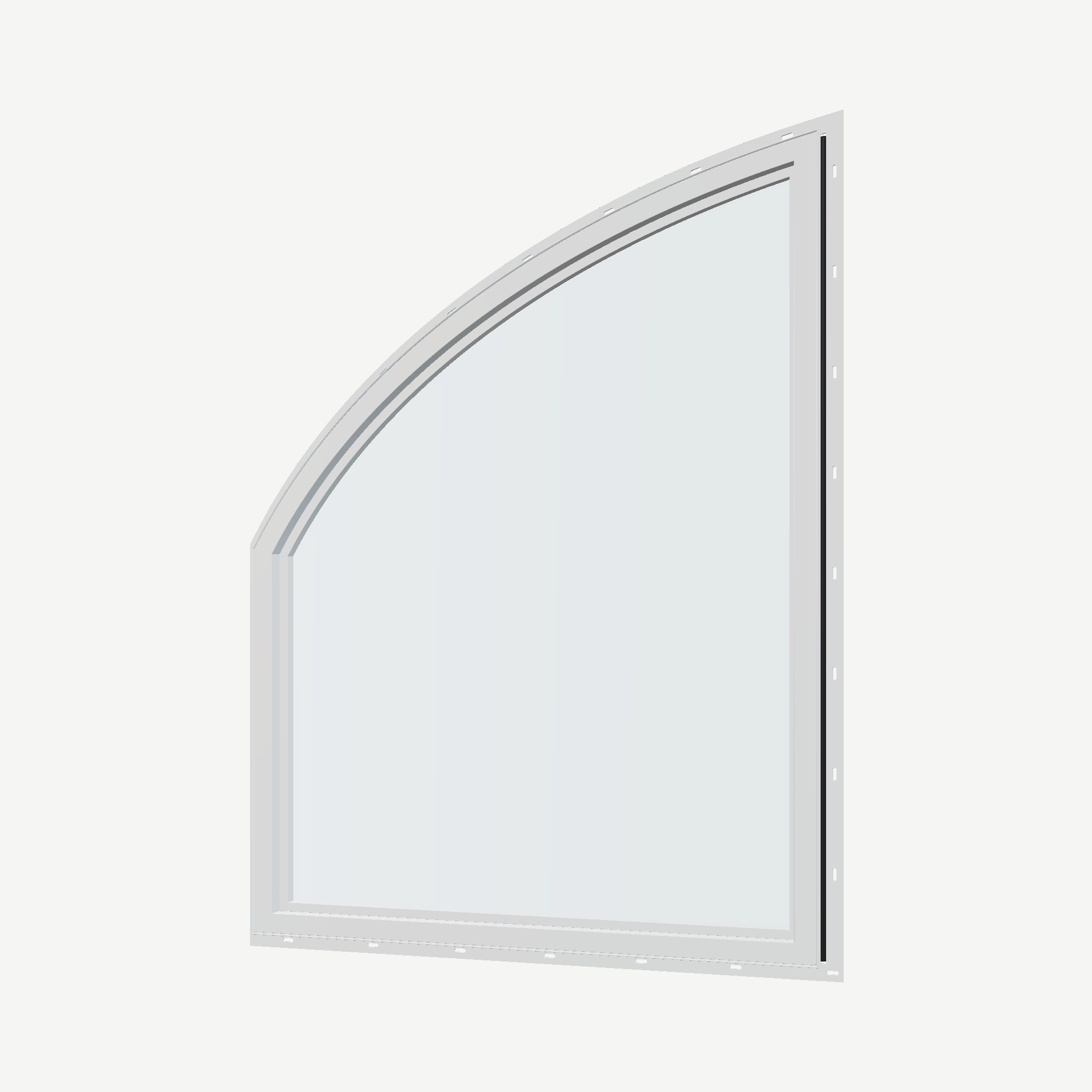 Angled interior view of the 36 × 48 inch raised partial chord (right), black exterior / white interior, with nailing flange