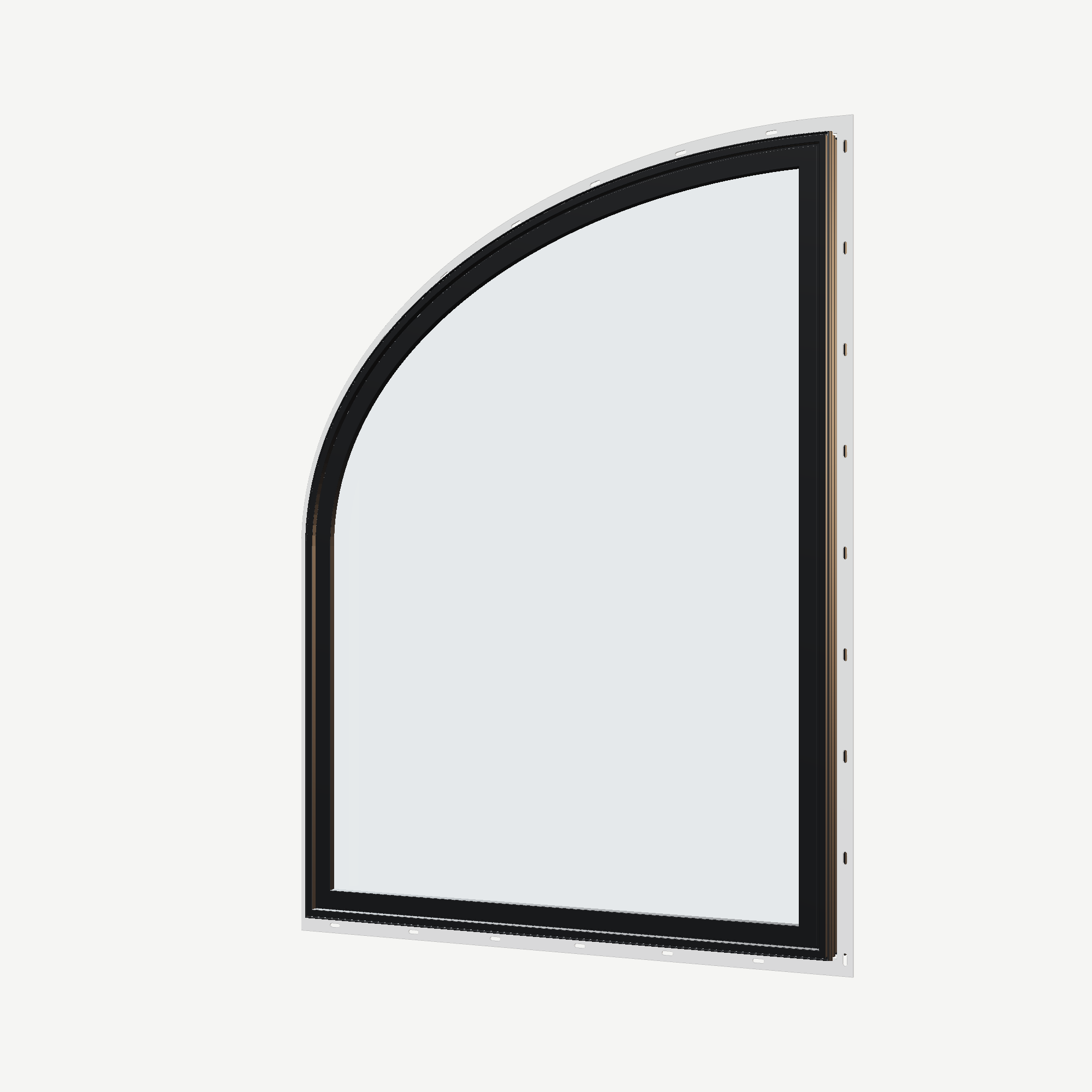 Angled exterior view of the 36 × 48 inch raised partial ellipse (left), black exterior / black interior, with nailing flange