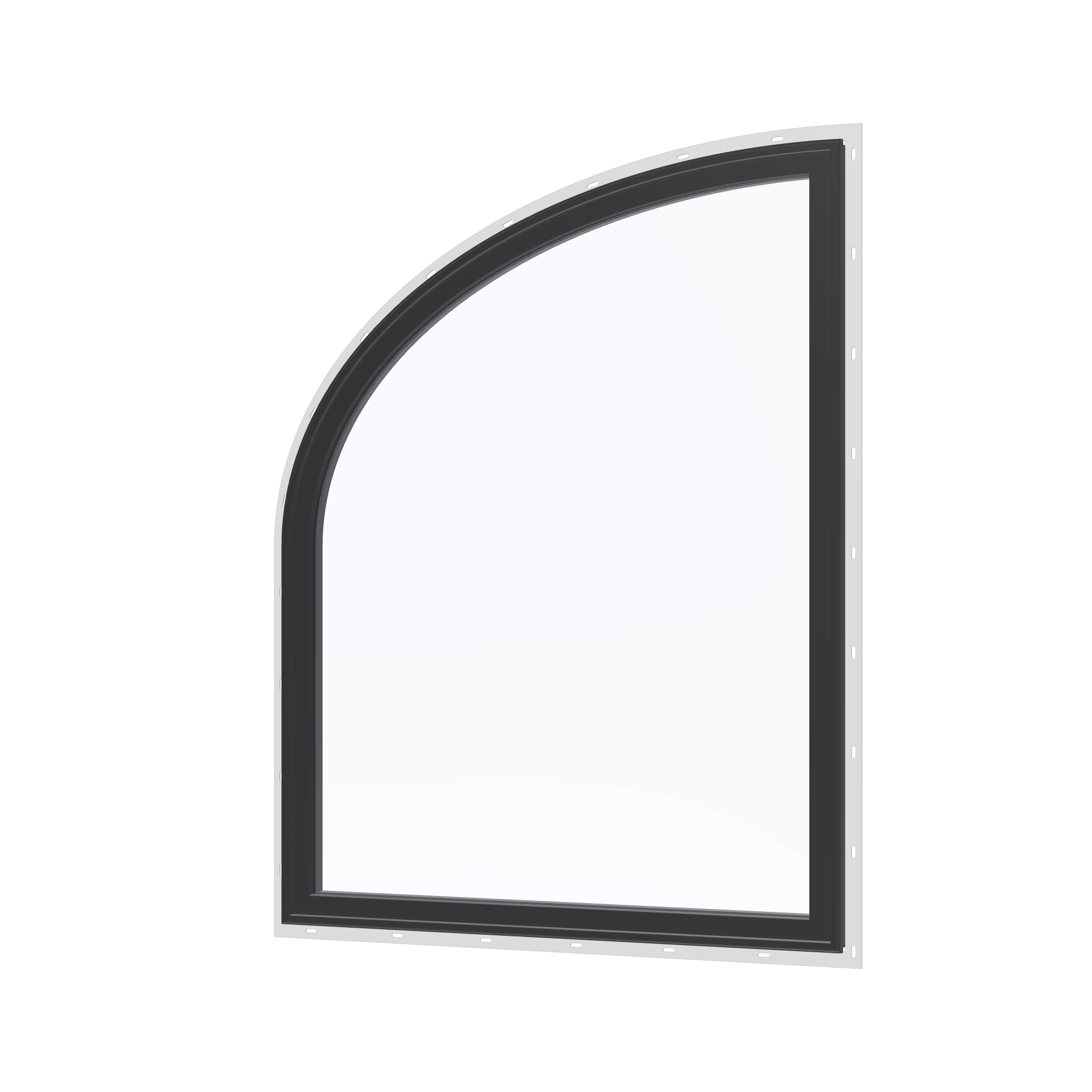 Angled exterior view of the 36 × 48 inch raised partial ellipse (left), black exterior / black interior, with nailing flange