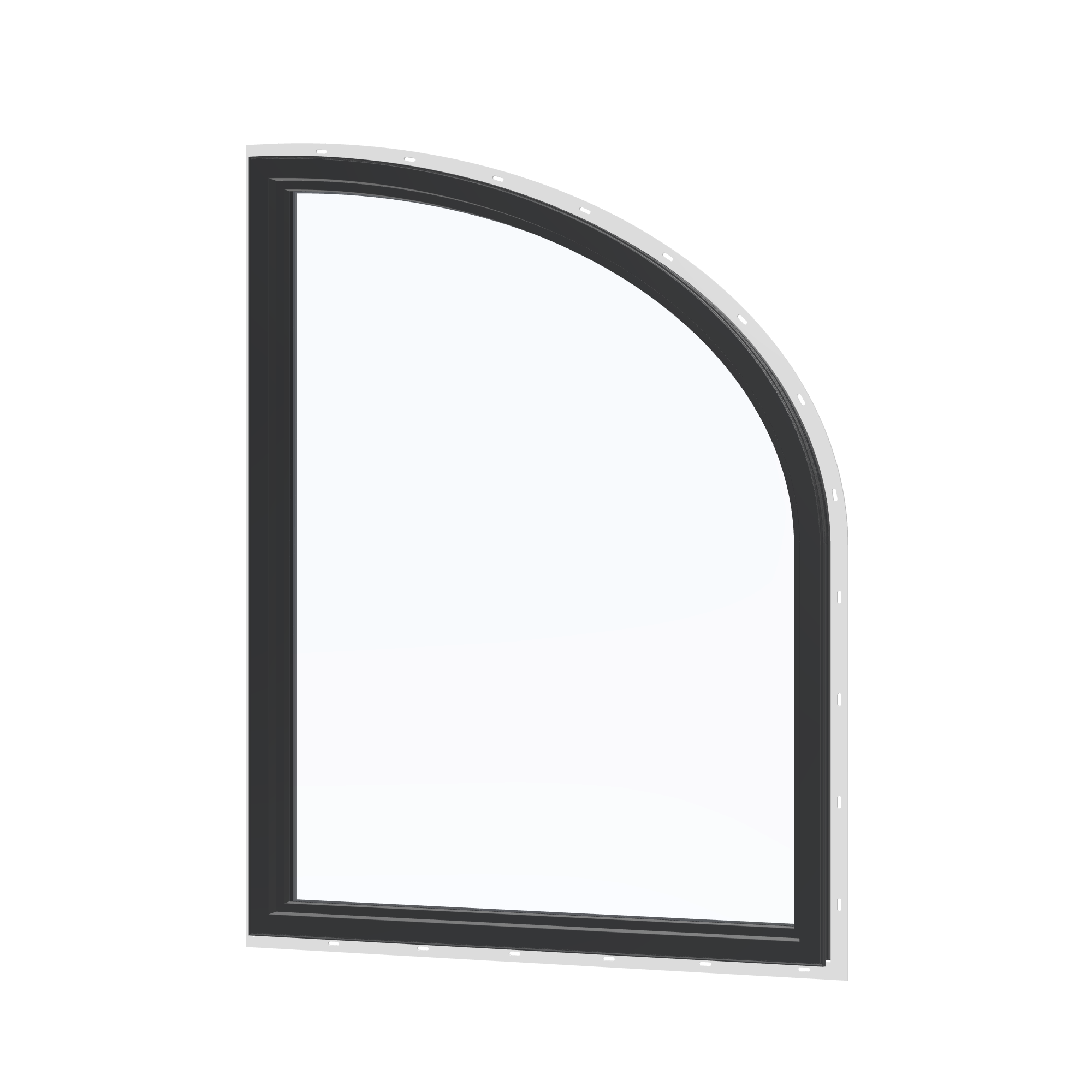 Angled interior view of the 36 × 48 inch raised partial ellipse (left), black exterior / black interior, with nailing flange