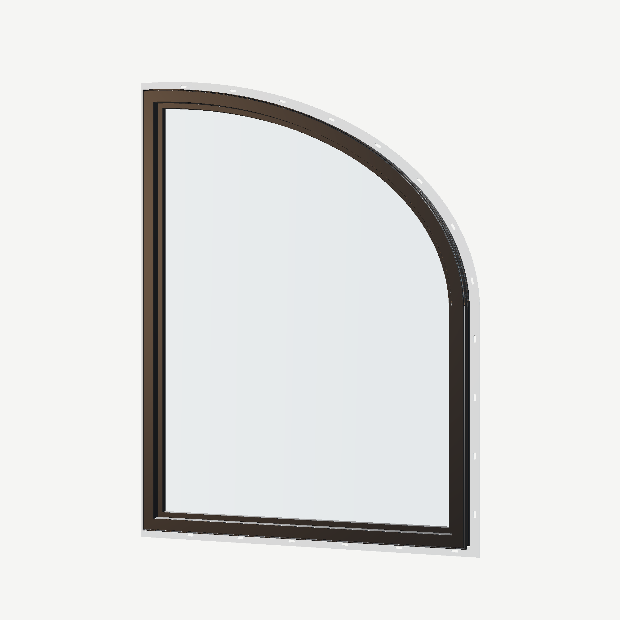 Angled interior view of the 36 × 48 inch raised partial ellipse (left), black exterior / black interior, with nailing flange