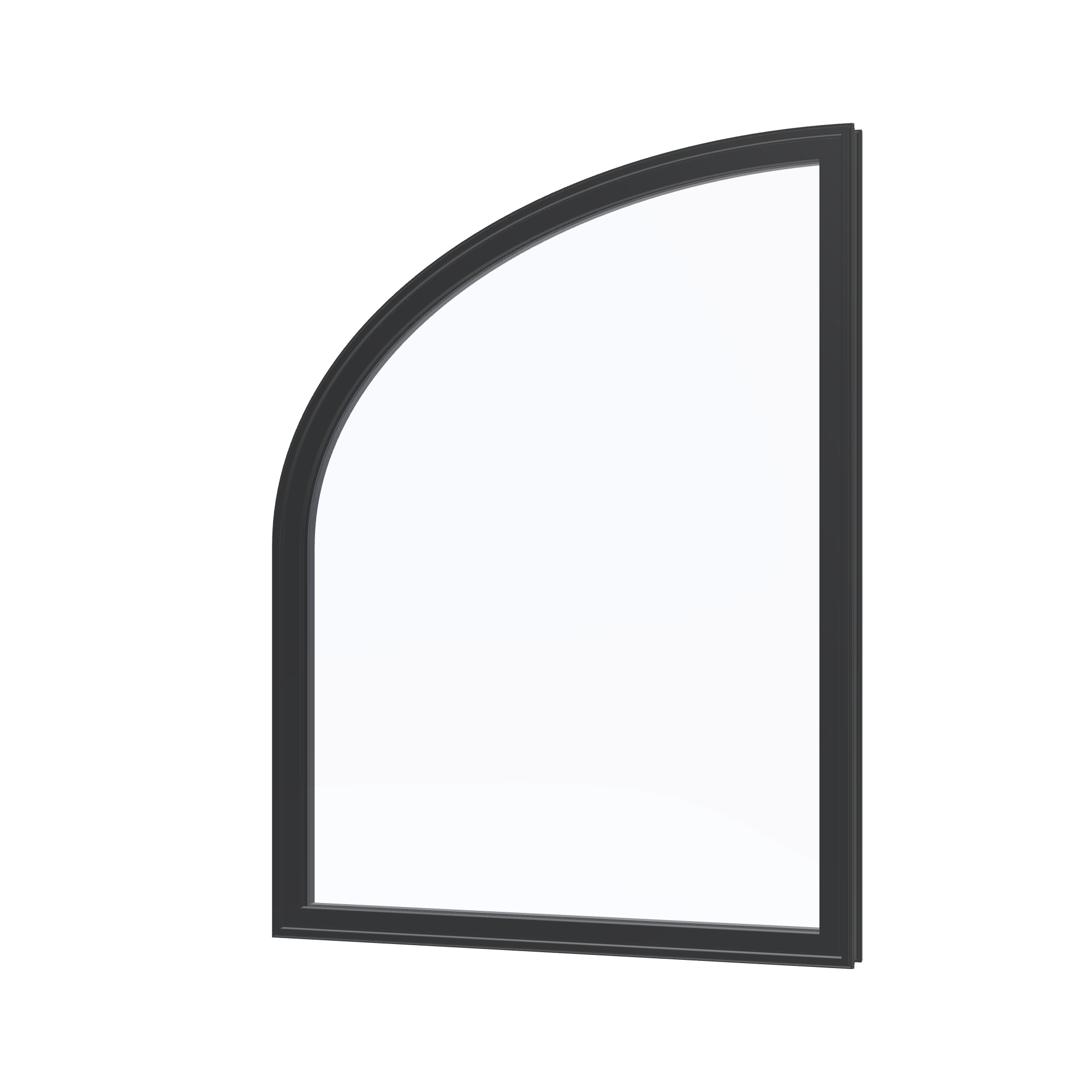 Angled exterior view of the 36 × 48 inch raised partial ellipse (left), black exterior / black interior, without nailing flange