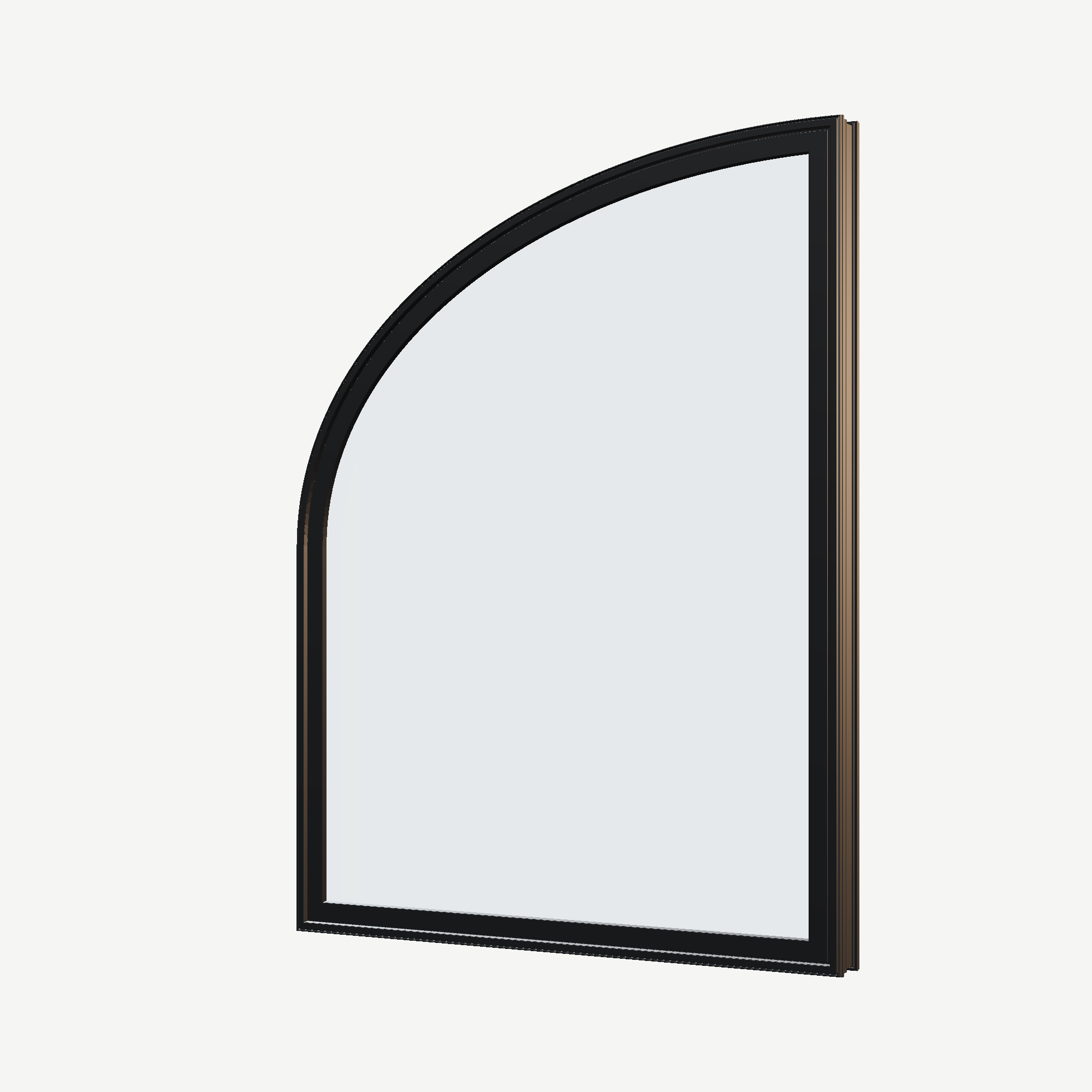 Angled exterior view of the 36 × 48 inch raised partial ellipse (left), black exterior / black interior, without nailing flange