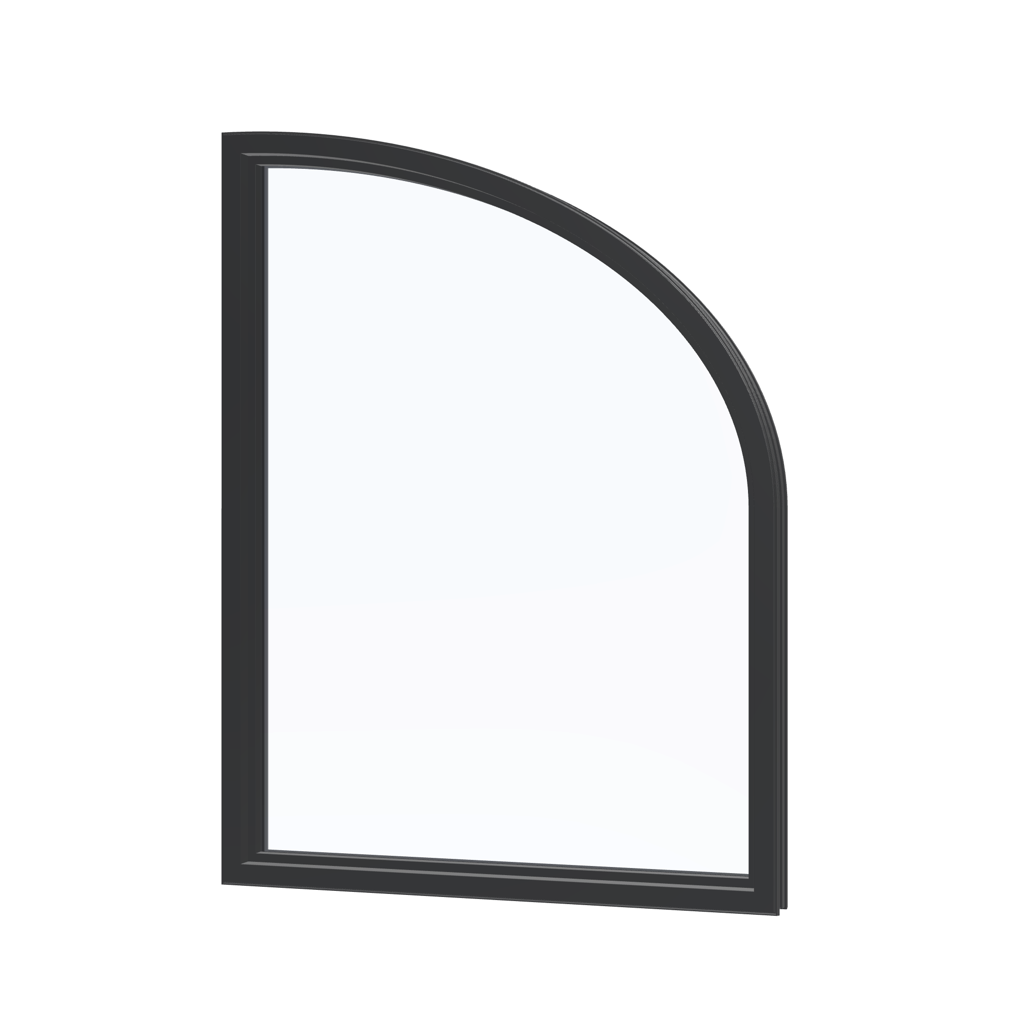 Angled interior view of the 36 × 48 inch raised partial ellipse (left), black exterior / black interior, without nailing flange