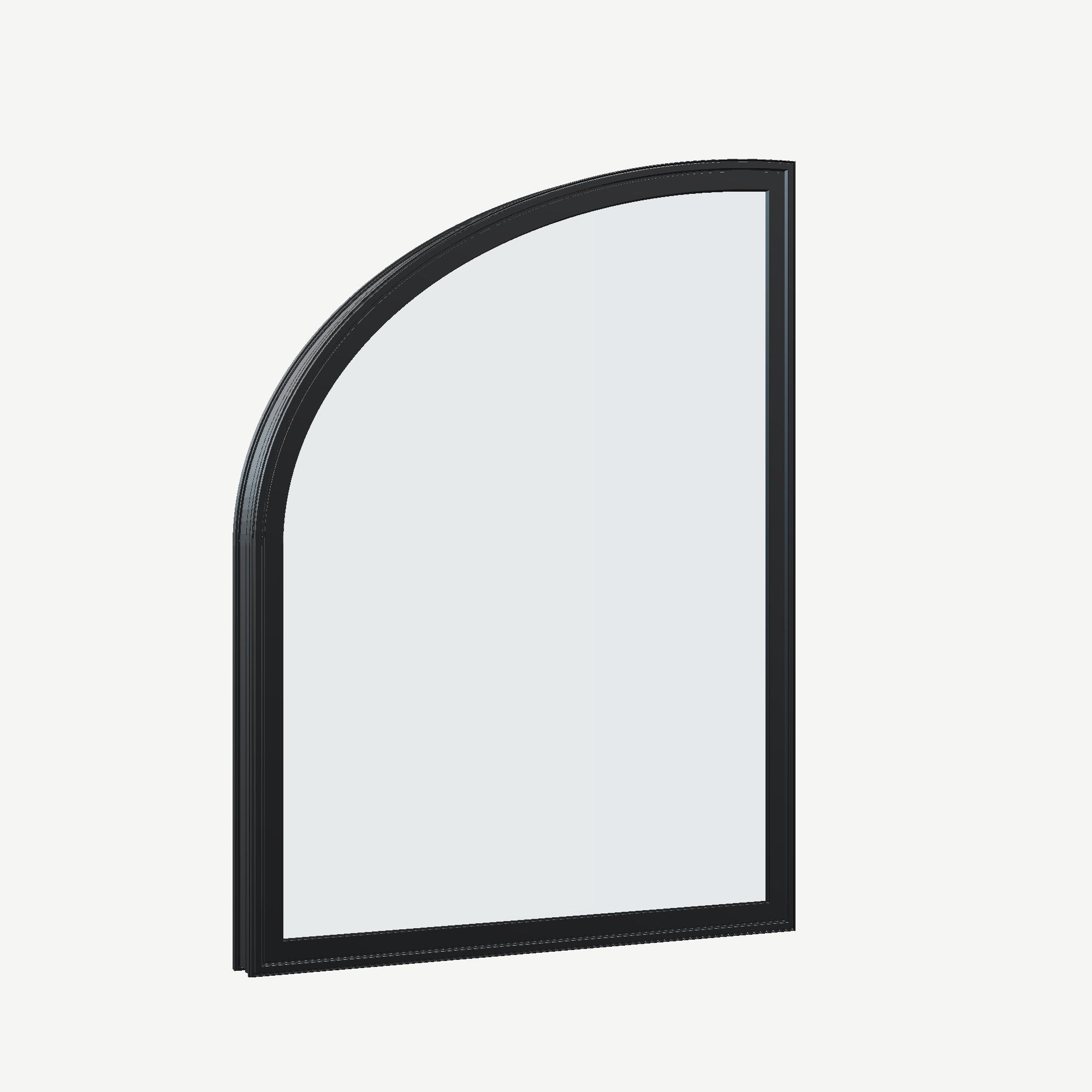 Opposite exterior angle of the 36 × 48 inch raised partial ellipse (left), black exterior / black interior, without nailing flange