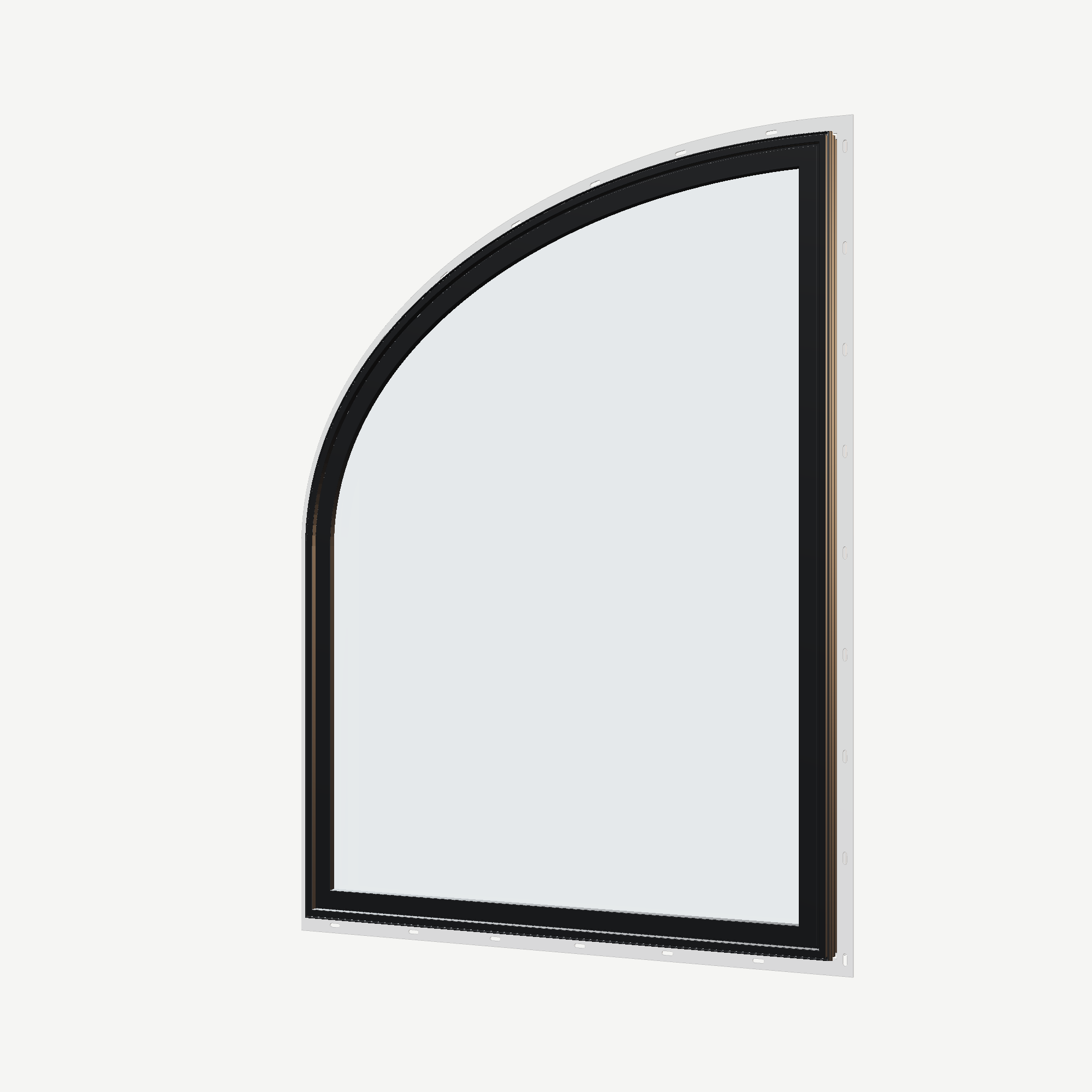 Angled exterior view of the 36 × 48 inch raised partial ellipse (left), black exterior / white interior, with nailing flange
