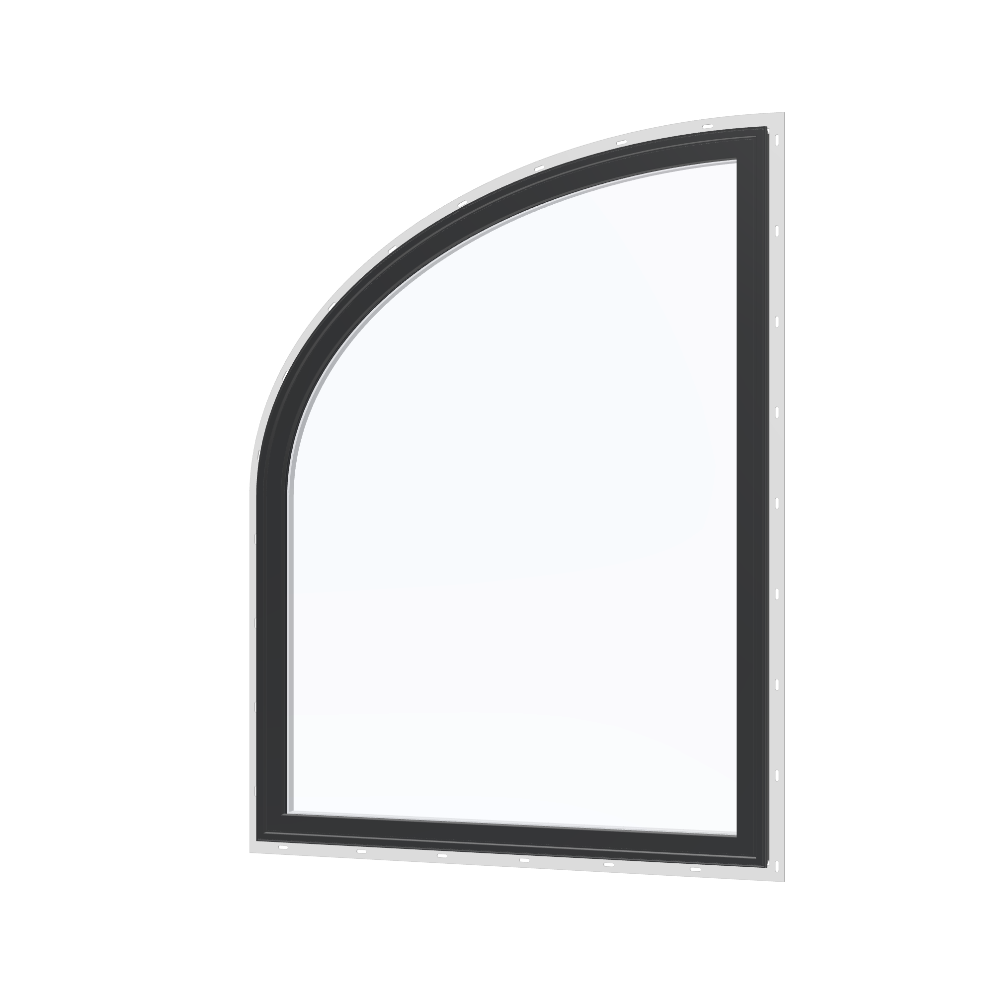 Angled exterior view of the 36 × 48 inch raised partial ellipse (left), black exterior / white interior, with nailing flange