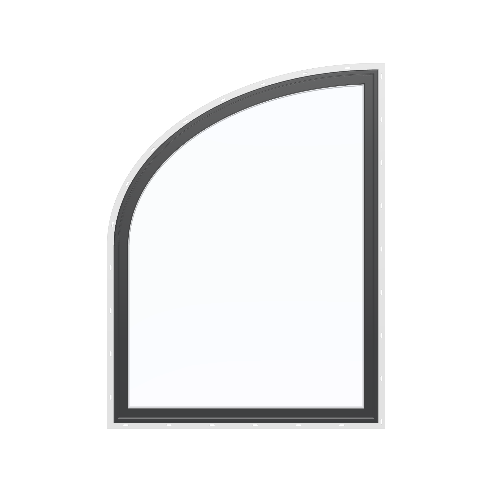 Straight exterior view of the 36 × 48 inch raised partial ellipse (left), black exterior / white interior, with nailing flange