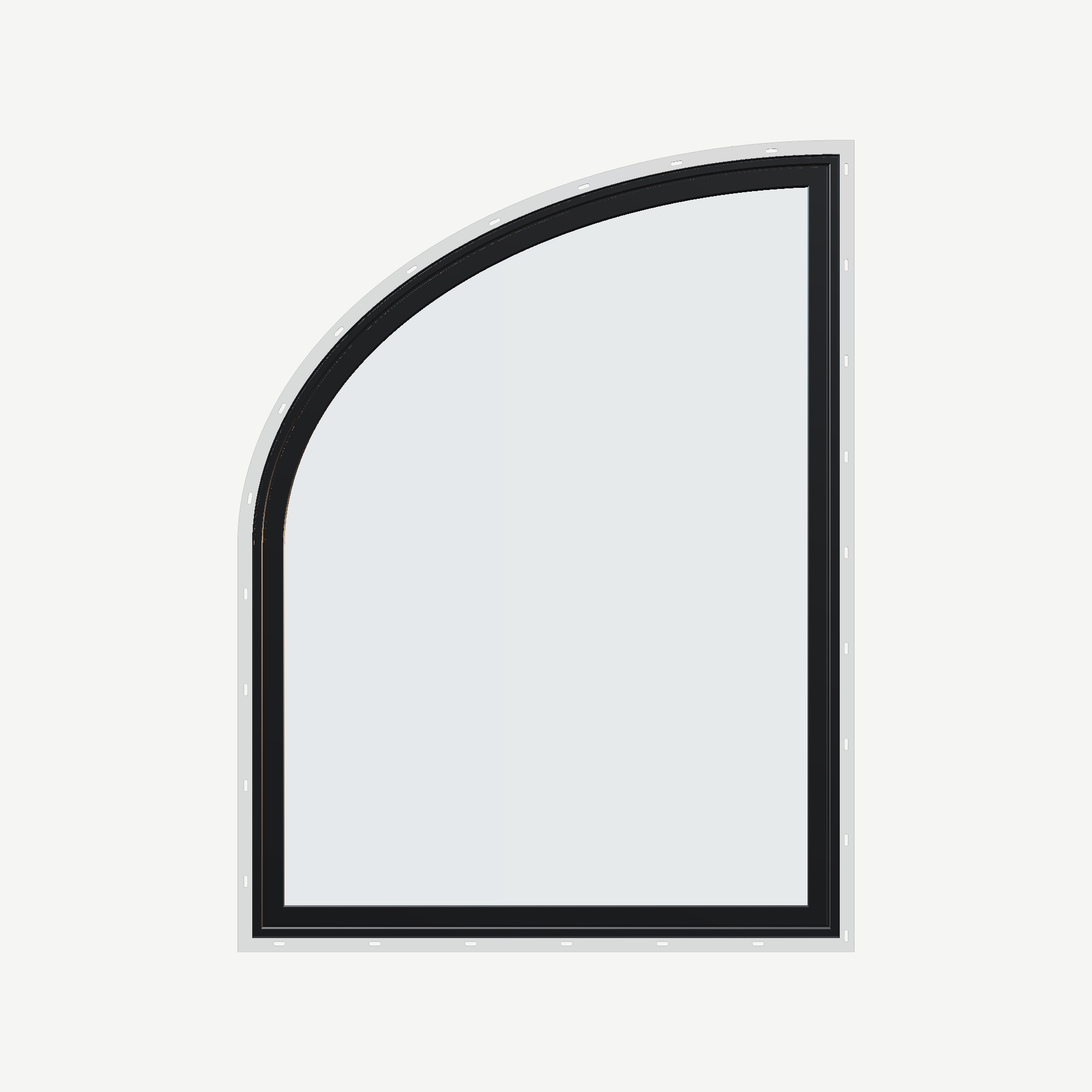 Straight exterior view of the 36 × 48 inch raised partial ellipse (left), black exterior / white interior, with nailing flange