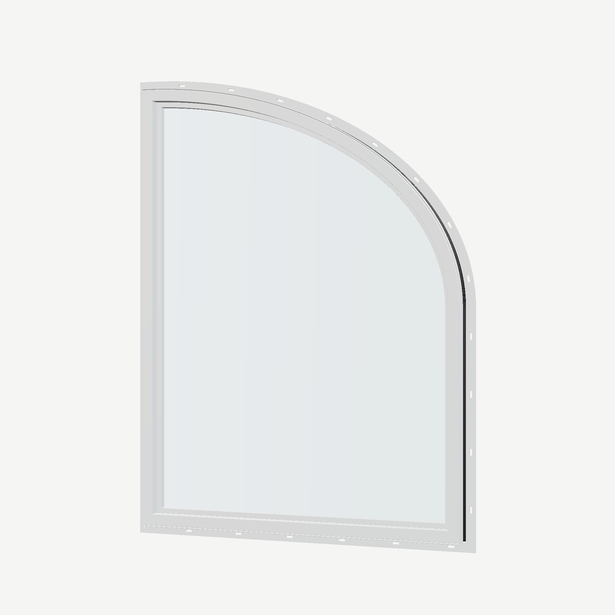 Angled interior view of the 36 × 48 inch raised partial ellipse (left), black exterior / white interior, with nailing flange