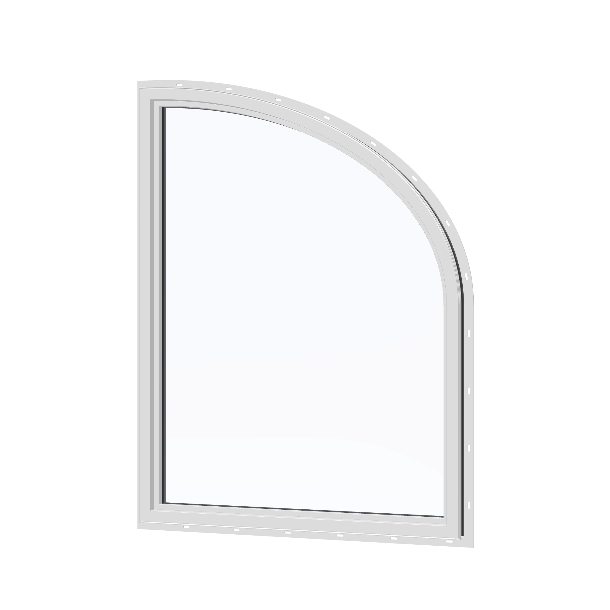 Angled interior view of the 36 × 48 inch raised partial ellipse (left), black exterior / white interior, with nailing flange
