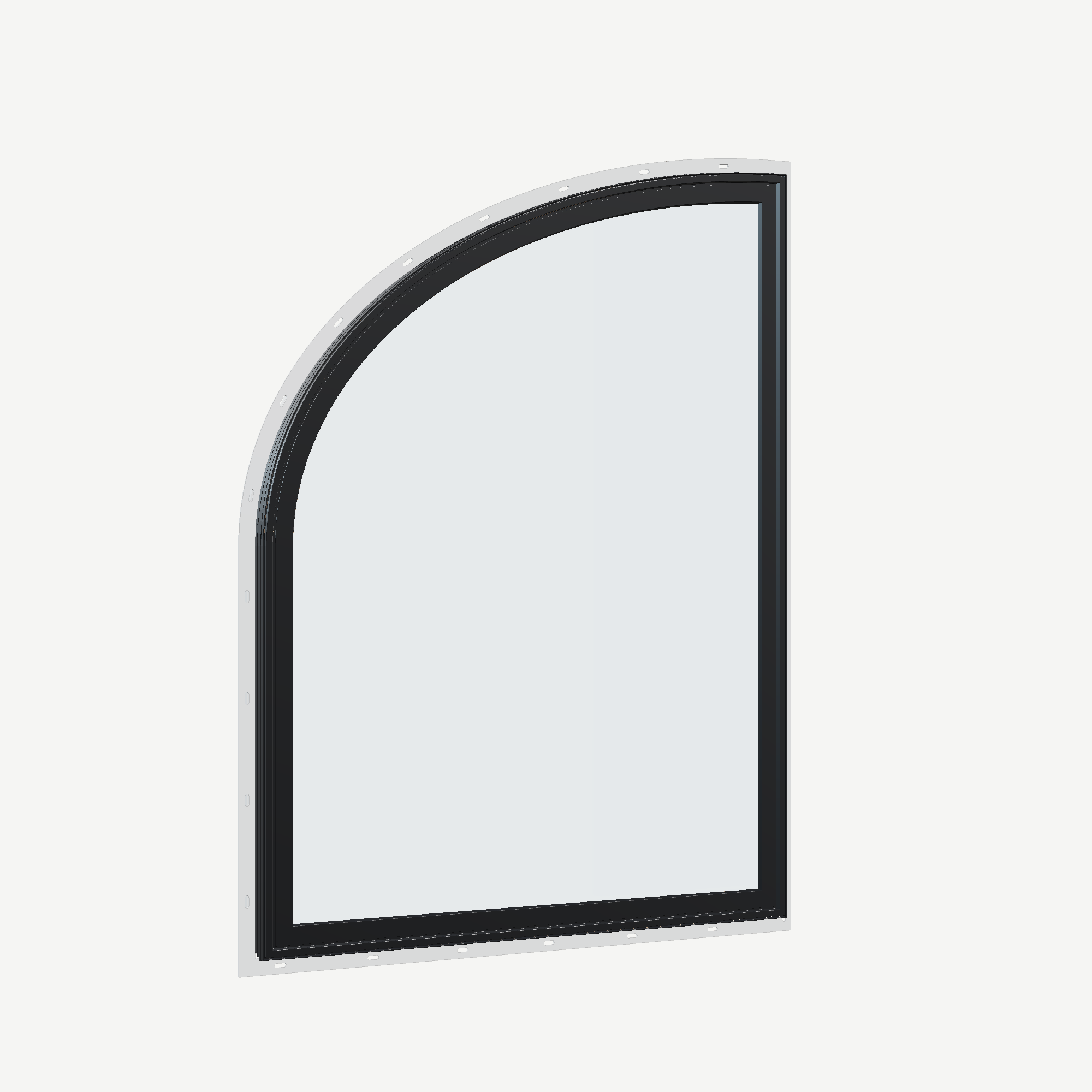 Opposite exterior angle of the 36 × 48 inch raised partial ellipse (left), black exterior / white interior, with nailing flange