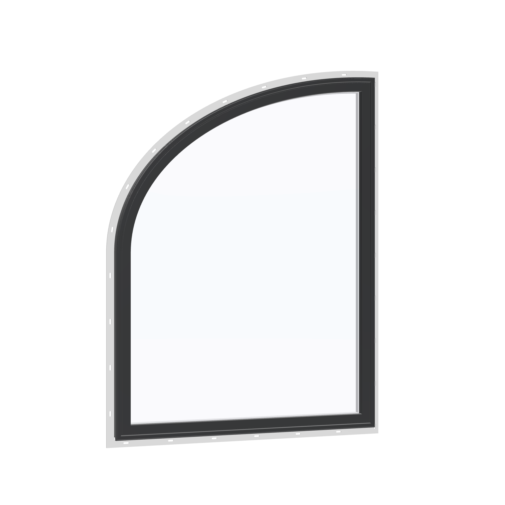 Opposite exterior angle of the 36 × 48 inch raised partial ellipse (left), black exterior / white interior, with nailing flange