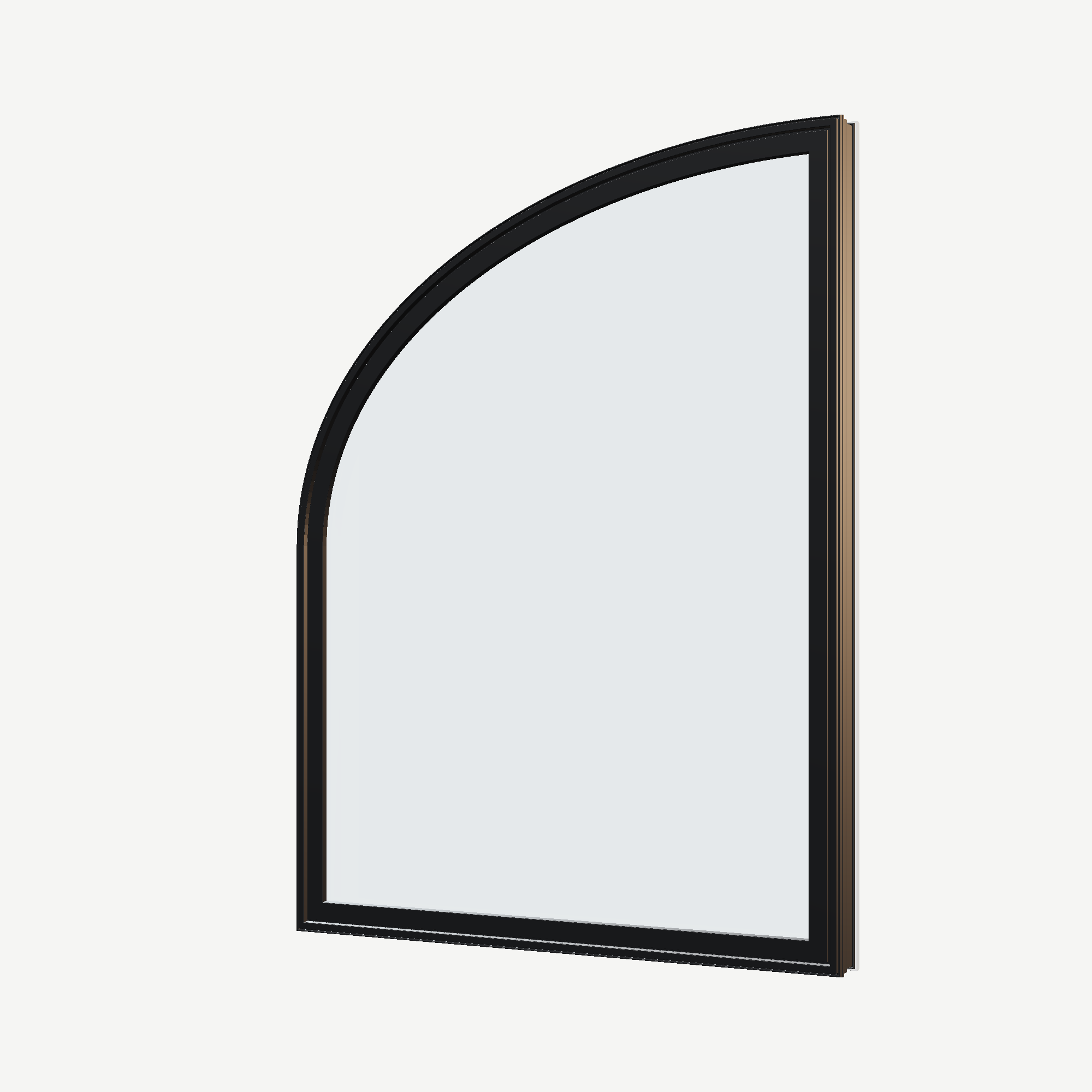 Angled exterior view of the 36 × 48 inch raised partial ellipse (left), black exterior / white interior, without nailing flange