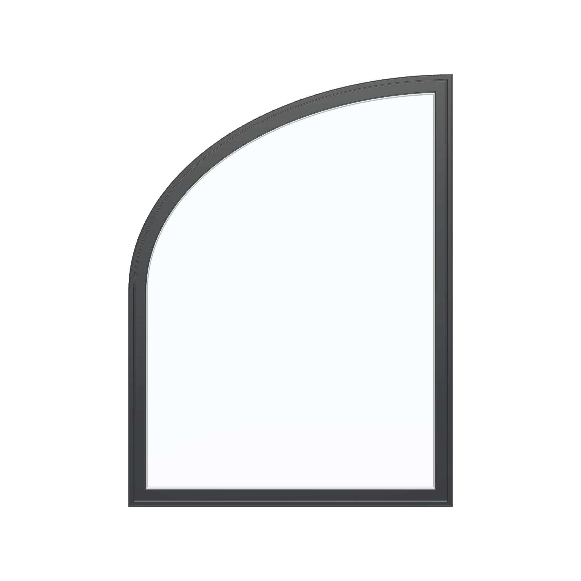 Straight exterior view of the 36 × 48 inch raised partial ellipse (left), black exterior / white interior, without nailing flange