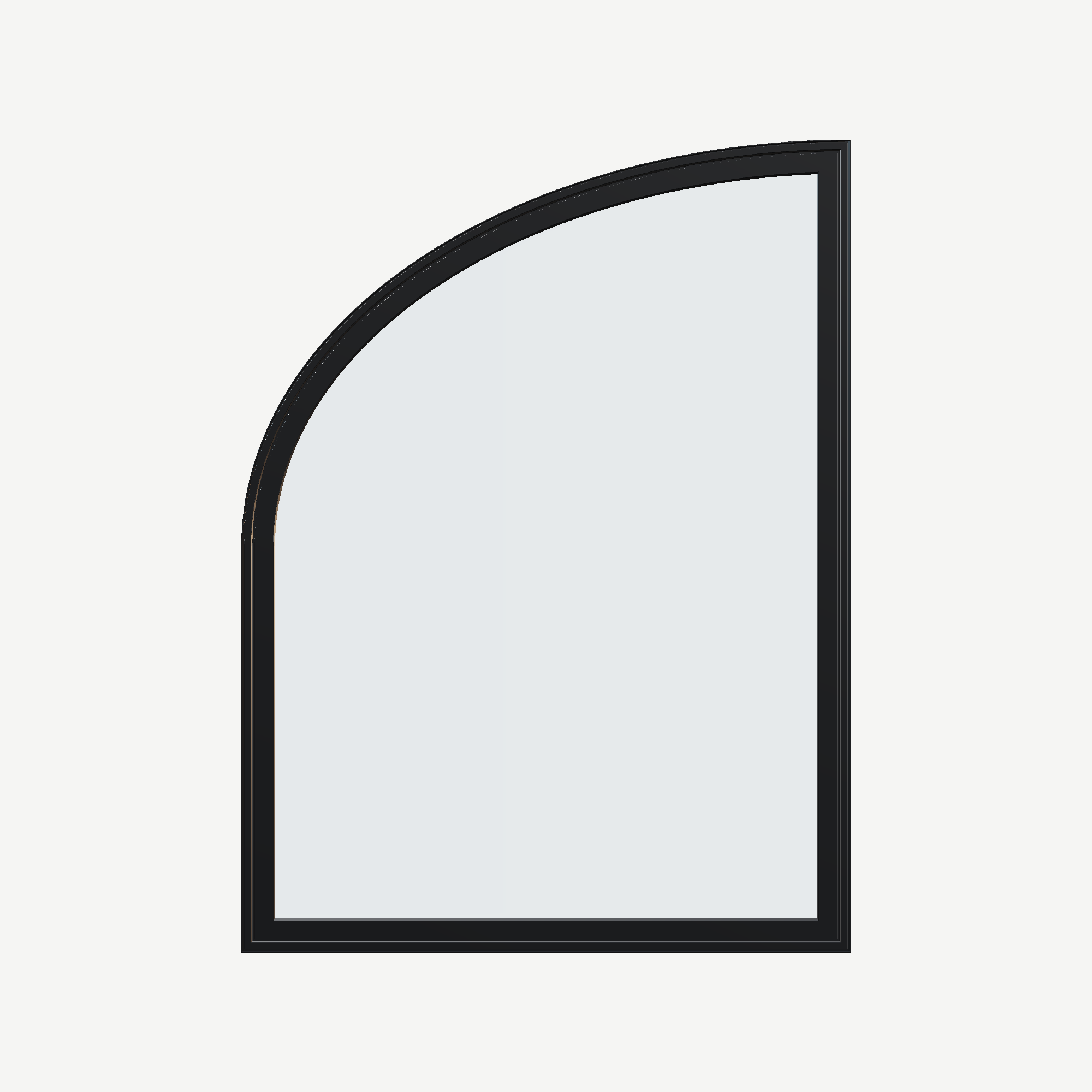 Straight exterior view of the 36 × 48 inch raised partial ellipse (left), black exterior / white interior, without nailing flange