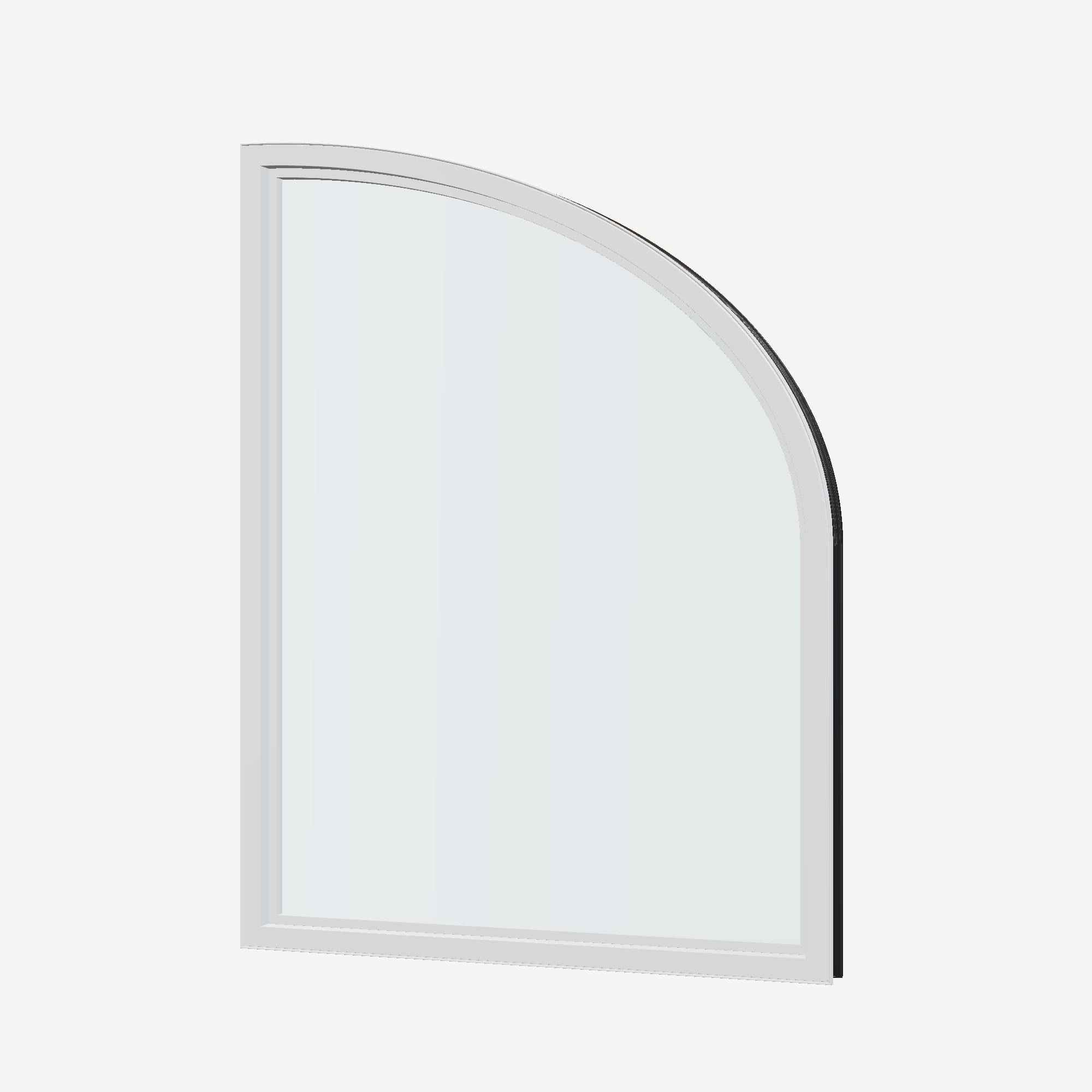 Angled interior view of the 36 × 48 inch raised partial ellipse (left), black exterior / white interior, without nailing flange